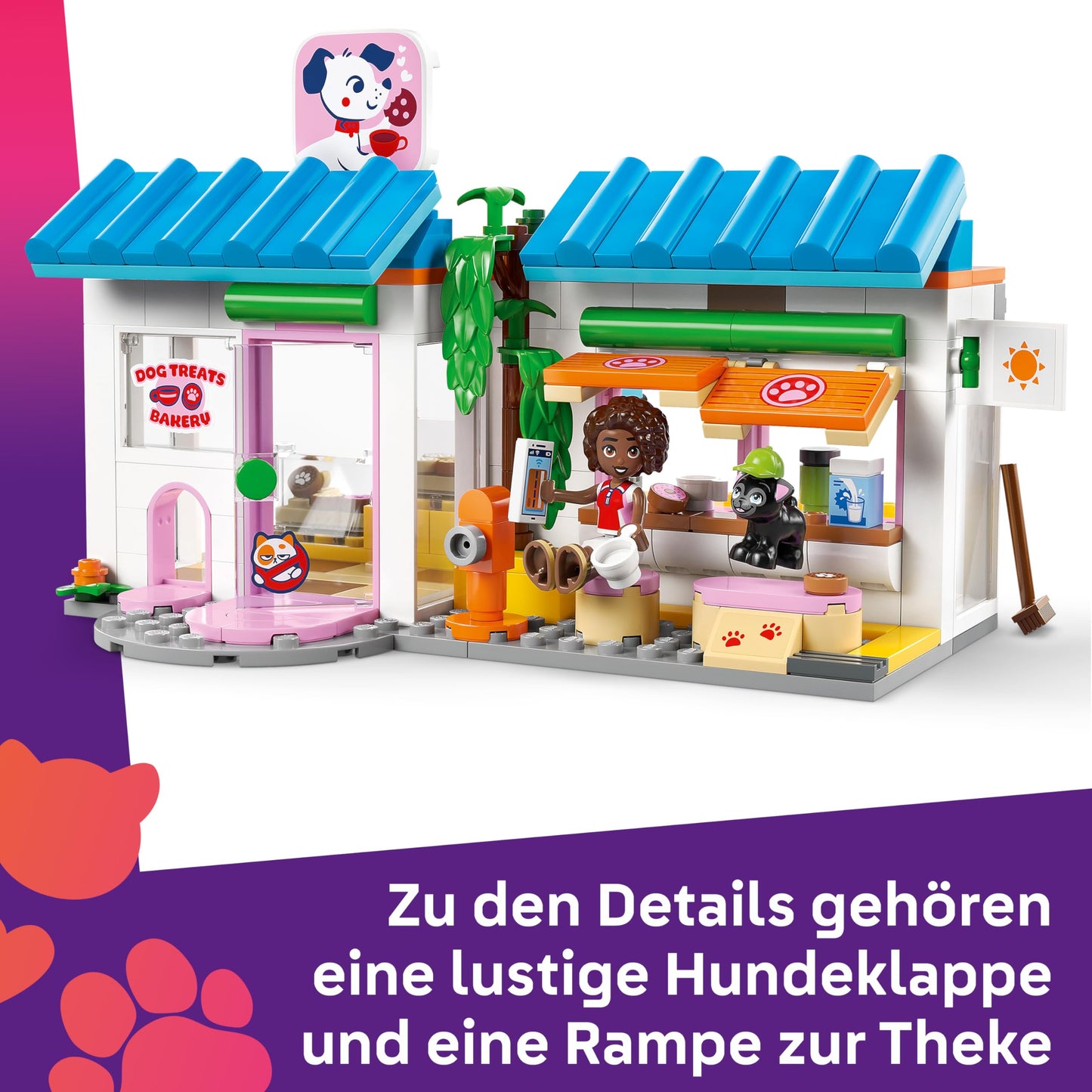 LEGO Friends dog cake bakery - children's shop with 2 mini dolls, 4 animal figures, animal carrier bag and toy food accessories - birthday gift for girls aged 6 and over - 42677