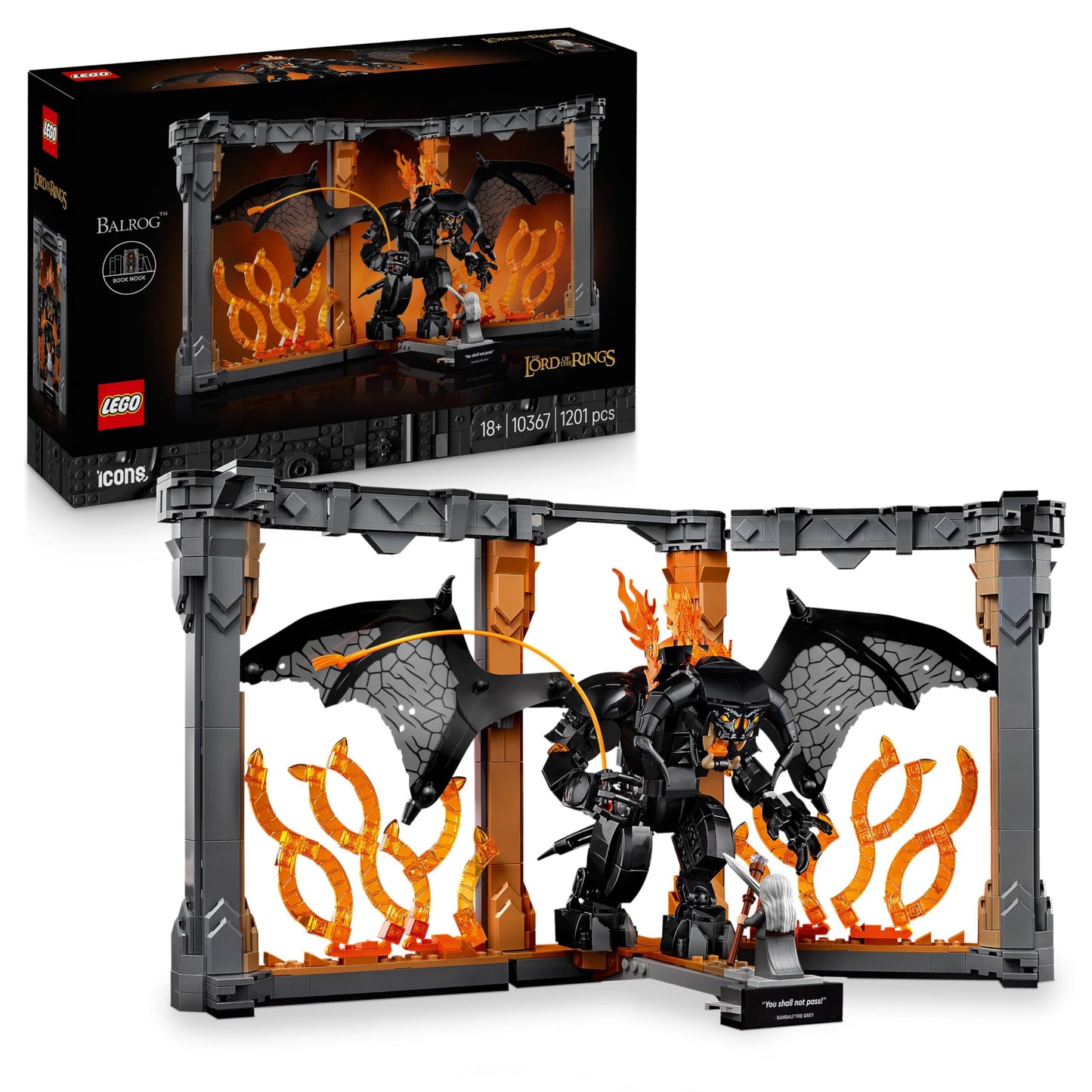 LEGO Icons The Lord of the Rings: Balrog Bookend - DIY Bookshelf Decoration with Gandalf the Gray Minifigure & Dragon Figure - Collectible & Gift for Fans - 10367
