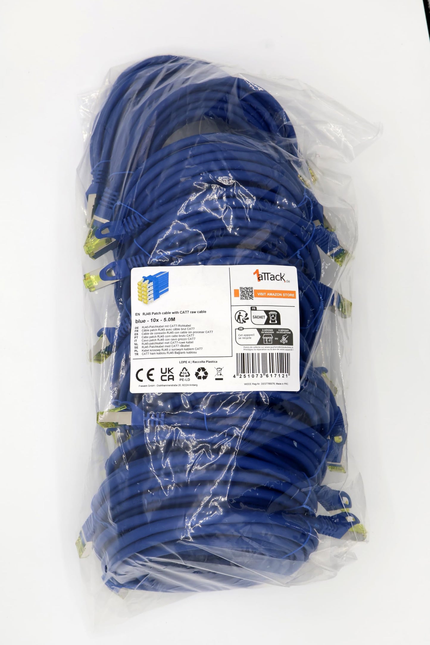 1aTTack.de Cat.7 network cable 5m blue pack of 10 Cat7 Ethernet cable network LAN cable raw cable 10 Gb s SFTP PIMF LSZH set patch cable with Rj 45 plug Cat.6a - 4251073617121