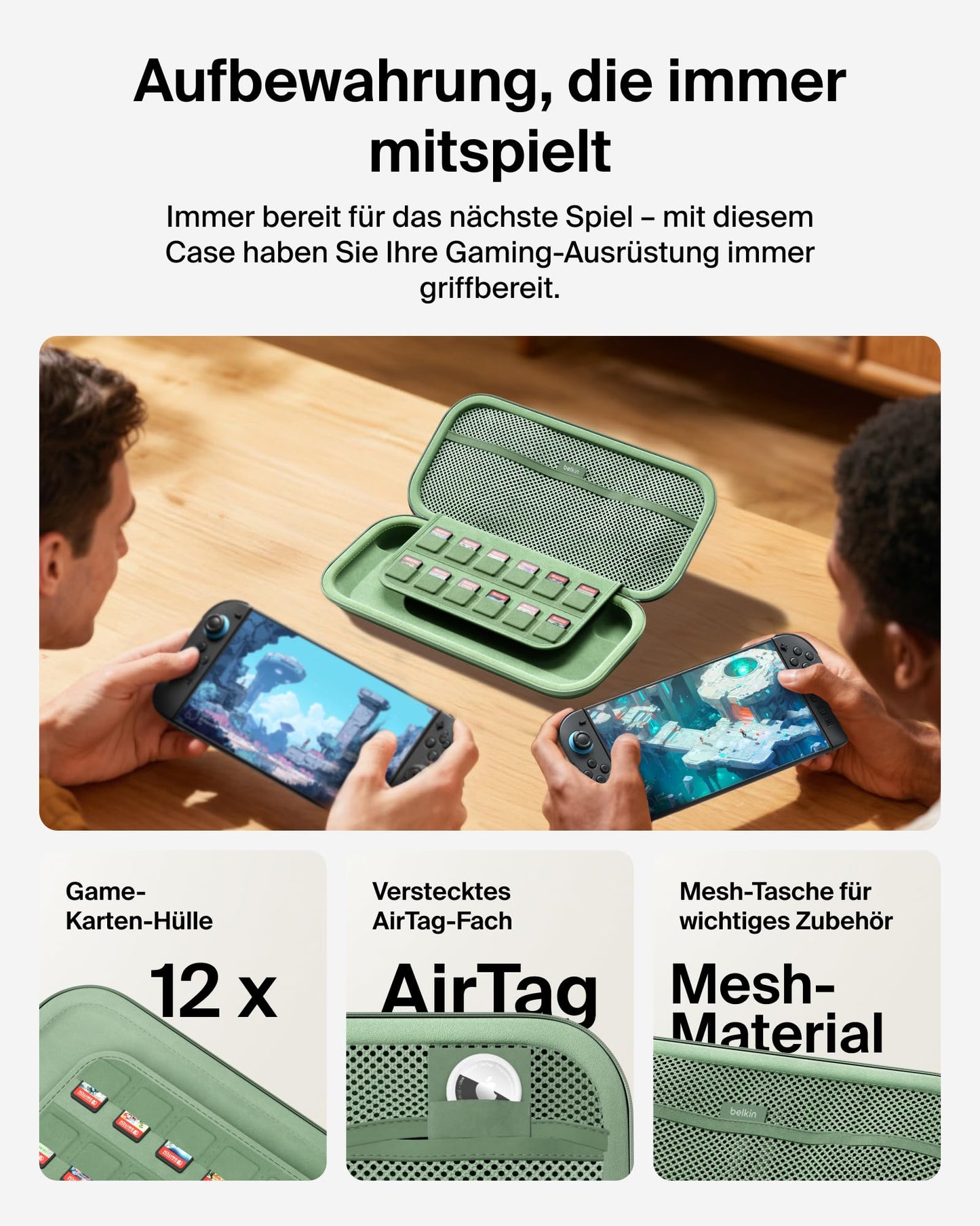 Belkin Gaming Case for Nintendo Switch 2, Lightweight Hard Shell Case with Soft Lining, AirTag Compartment, 12 Game Card Slots - Green - ENA002hqSE