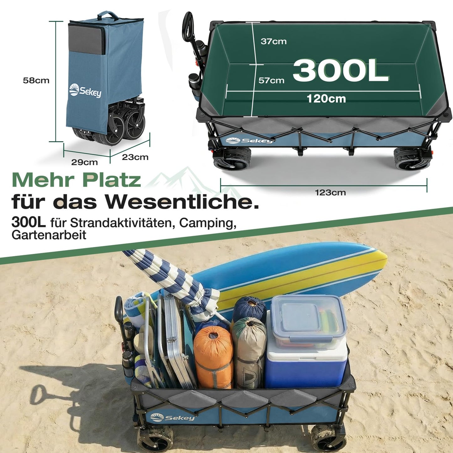 Sekey XXXL handcart foldable 300L 200KG load-bearing, extended folding handcart with extra width 17x10 cm all-terrain wheels handcart, patented 4-way instant assembly transport cart, blue with gray - 4013