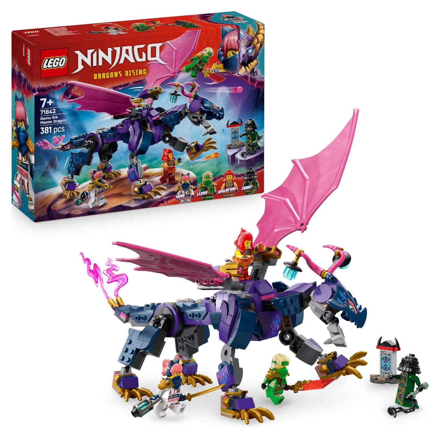 LEGO NINJAGO Rontu the Master Dragon - Movable dragon figure with shooters - 4 minifigures, including Lloyd, Sora & Wyldfyre - Ninja toy for children - Gift for boys aged 7 and up - 71842