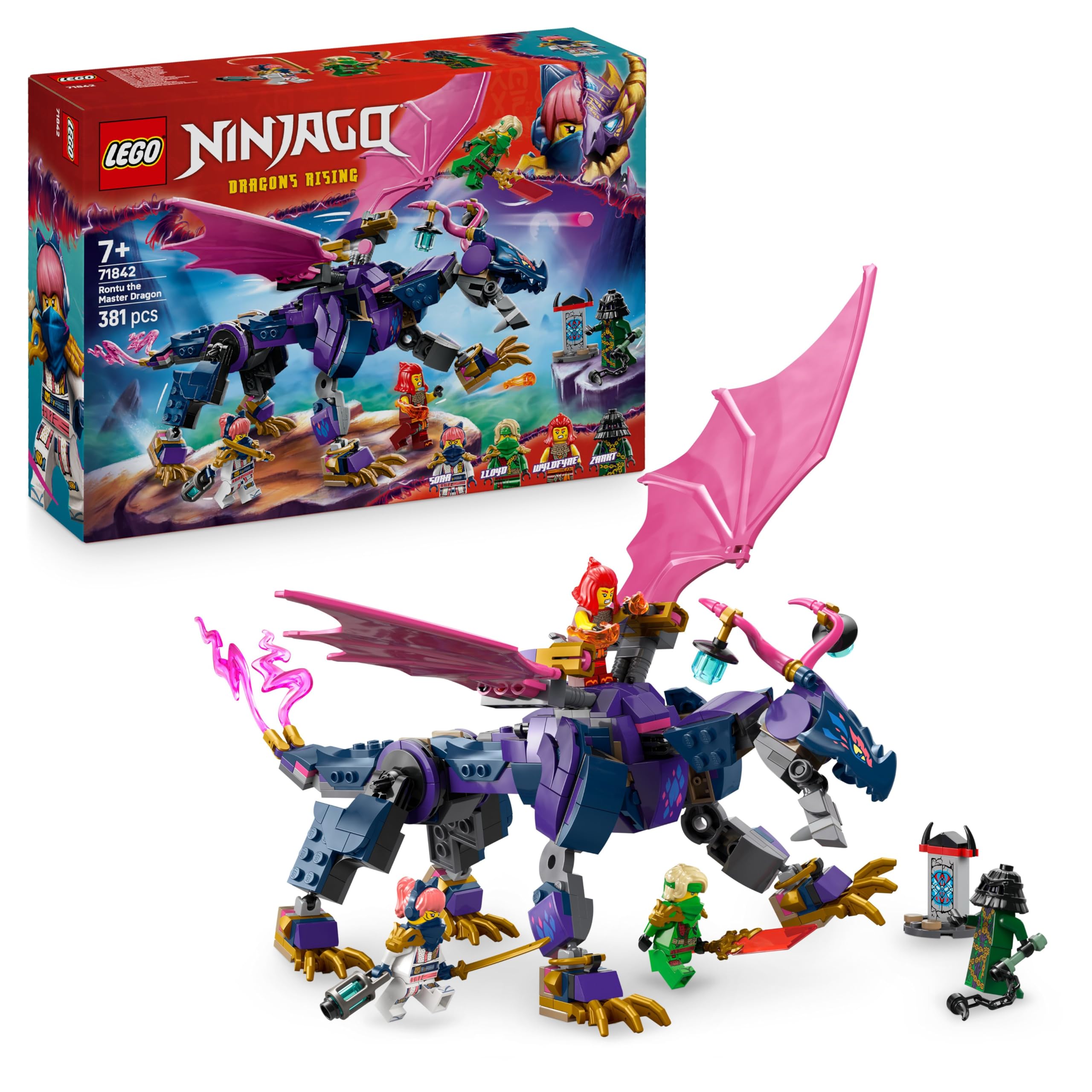 LEGO NINJAGO Rontu the Master Dragon - Movable dragon figure with shooters - 4 minifigures, including Lloyd, Sora & Wyldfyre - Ninja toy for children - Gift for boys aged 7 and up - 71842