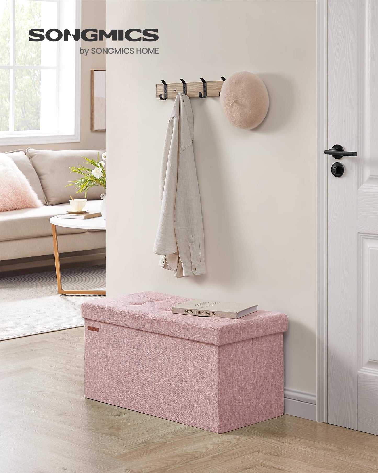 SONGMICS Stool with storage space, folding bench, 38 x 76 x 38 cm footstool, storage box, loads up to 300 kg, for living room, bedroom, hallway, pastel pink LSF047R11 - 6955880314393