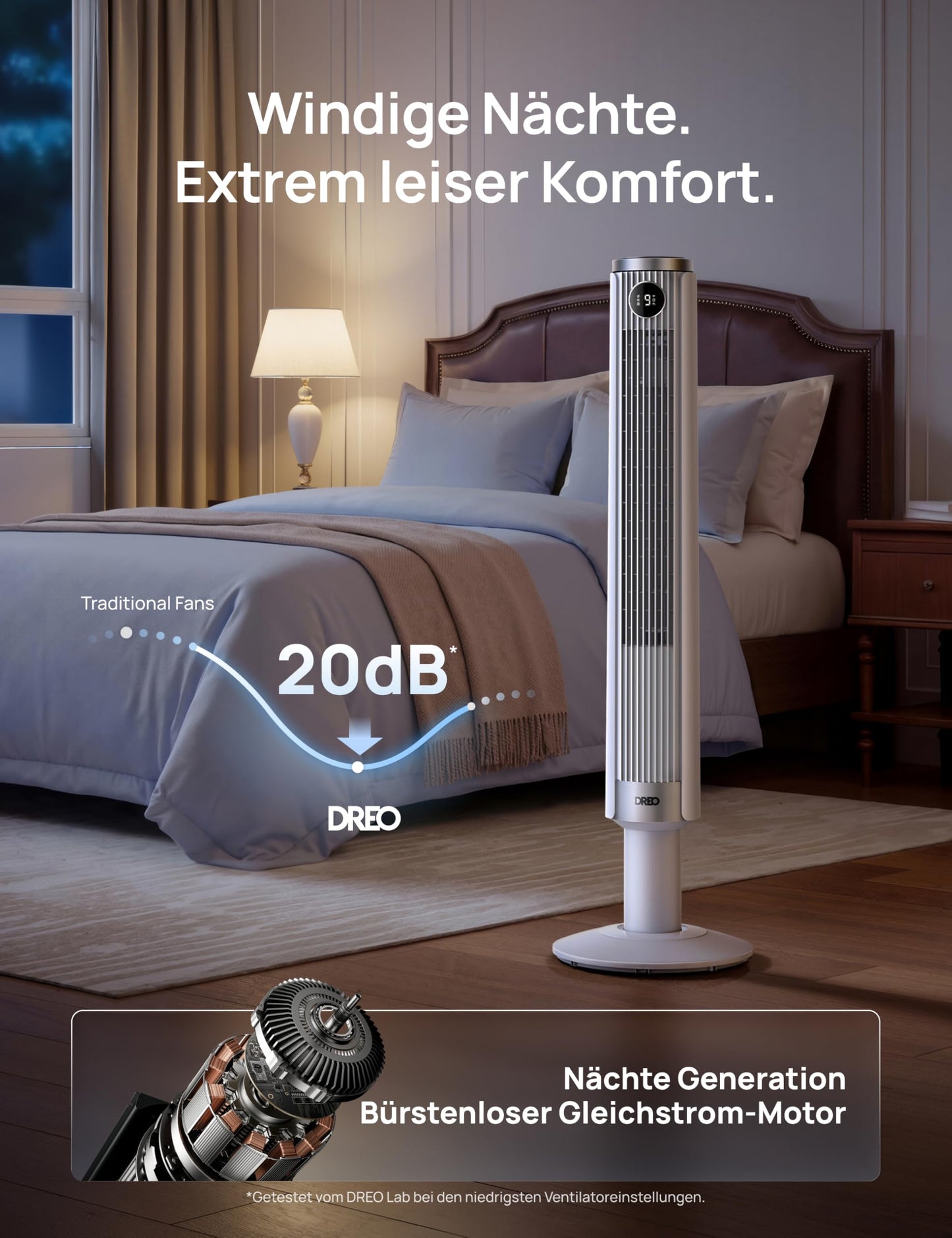 DREO Smart 102-114cm tower fan for bedroom, height adjustable, 8.4m/s, DC motor, 9 levels, 4 modes, 90° oscillation, pedestal fan, 20dB quiet, 12H timer for home and office, Google/Alexa - DR-HTF024S