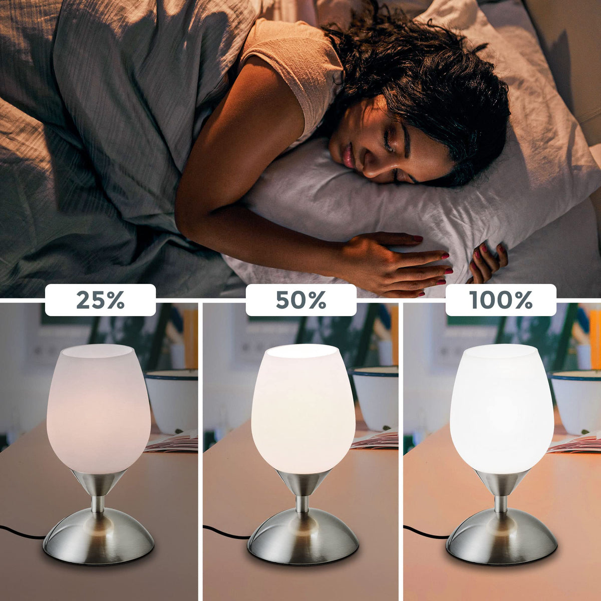 B.K.Licht - Nightstand lamp with touch control, dimmable, E14 socket, white tulip glass, table lamp, lamp, nightstand light, desk light, reading lamp, reading light, 10.8x19.5 cm, matte nickel-white - BKL1088