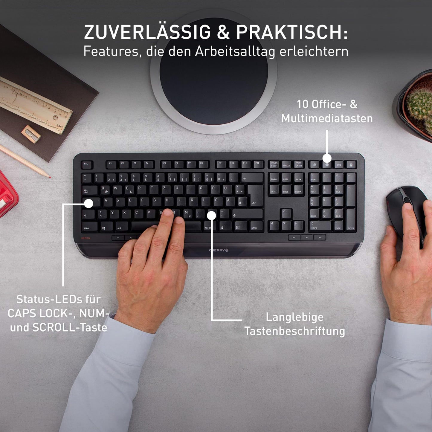 CHERRY GENTIX Desktop, wireless keyboard and mouse set, German layout (QWERTZ), 2.4 GHz radio, integrated wrist rest, symmetrical mouse, black - JD-7000DE-2
