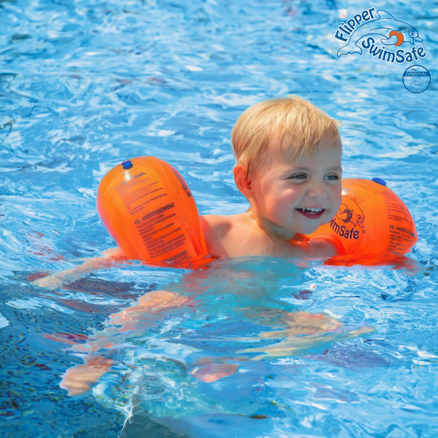 Flipper SwimSafe 1024 - swimming aid for babies aged 1 year and over, water wings with unbreakable PE foam core, including dolphin toy, orange
