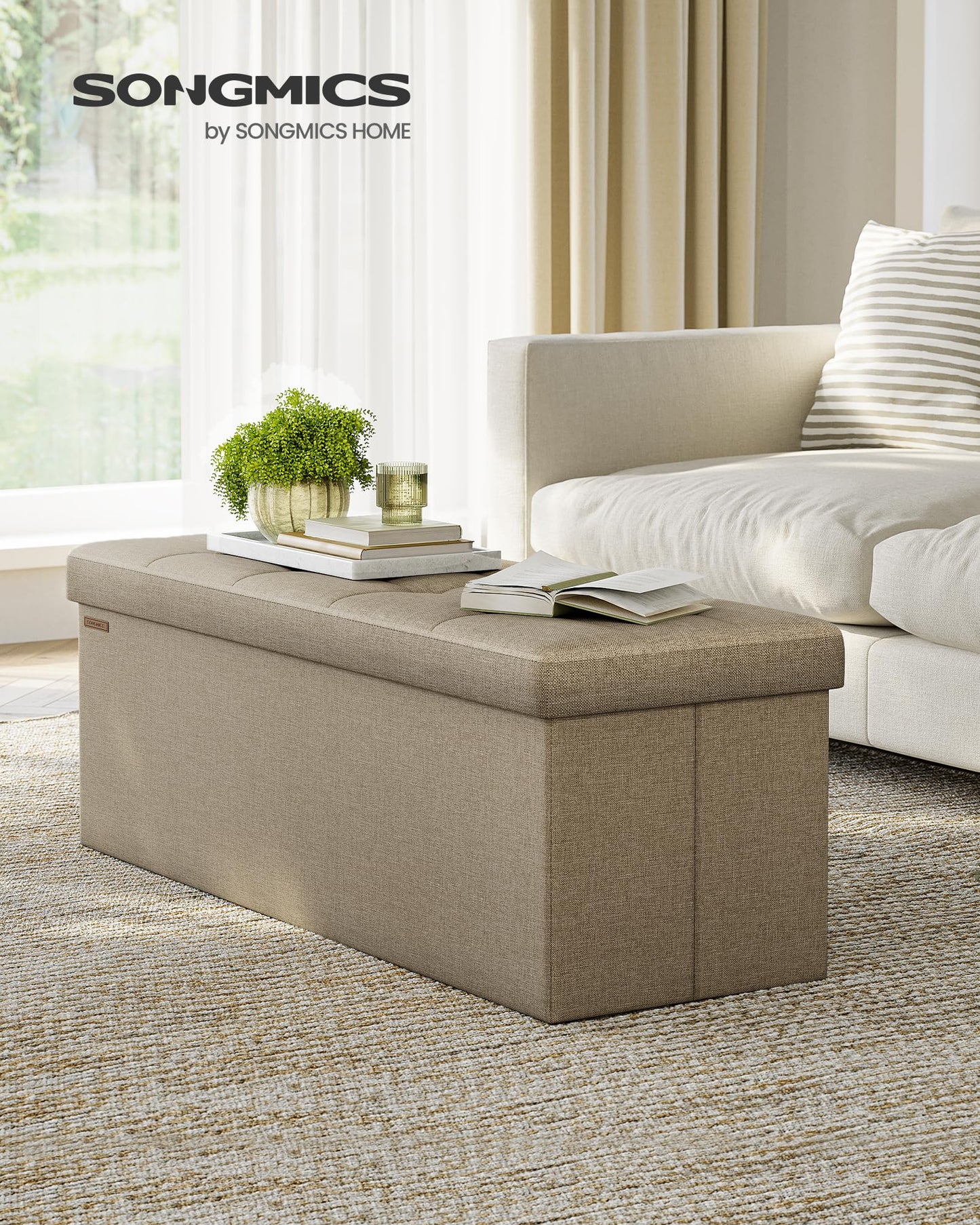 SONGMICS Stool with storage space, folding bench, 38 x 110 x 38 cm footstool, storage box, load capacity up to 300 kg, for living room, bedroom, hallway, camel brown LSF077R01