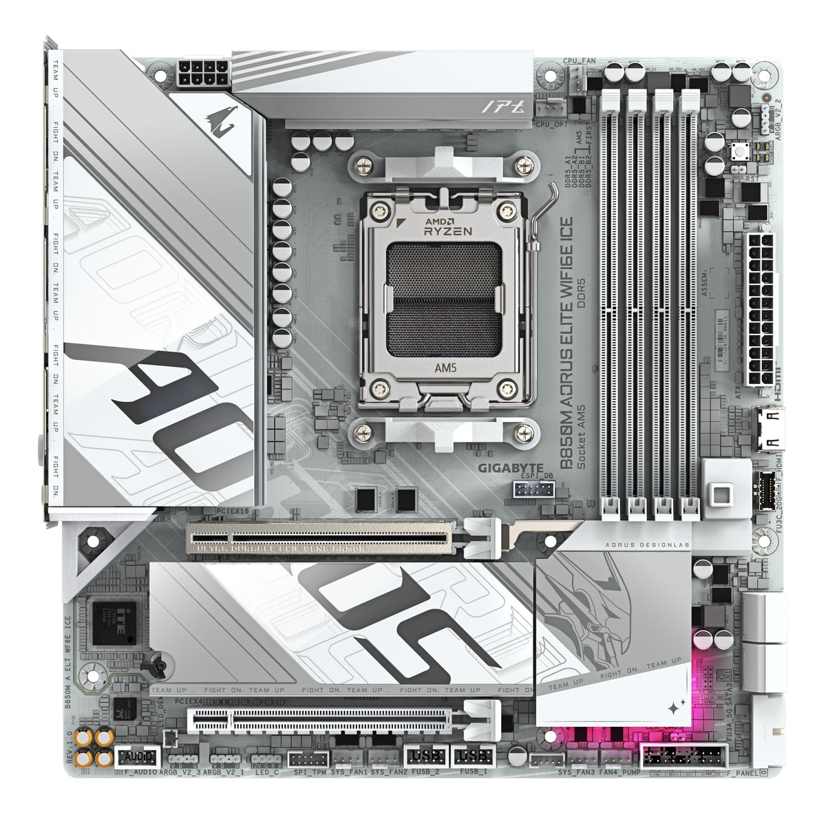 GIGABYTE B850M AORUS Elite WIFI6E Ice Motherboard - Compatible with AMD Ryzen 9000 Series CPUs, featuring a 12+2+1 Phase Digital VRM, supports up to 8200MHz DDR5 (OC), 1x PCIe 5.0 + 1x PCIe 4.0 M.2, 2.5 LAN, WiFi 7, USB 3.2 Gen 2.