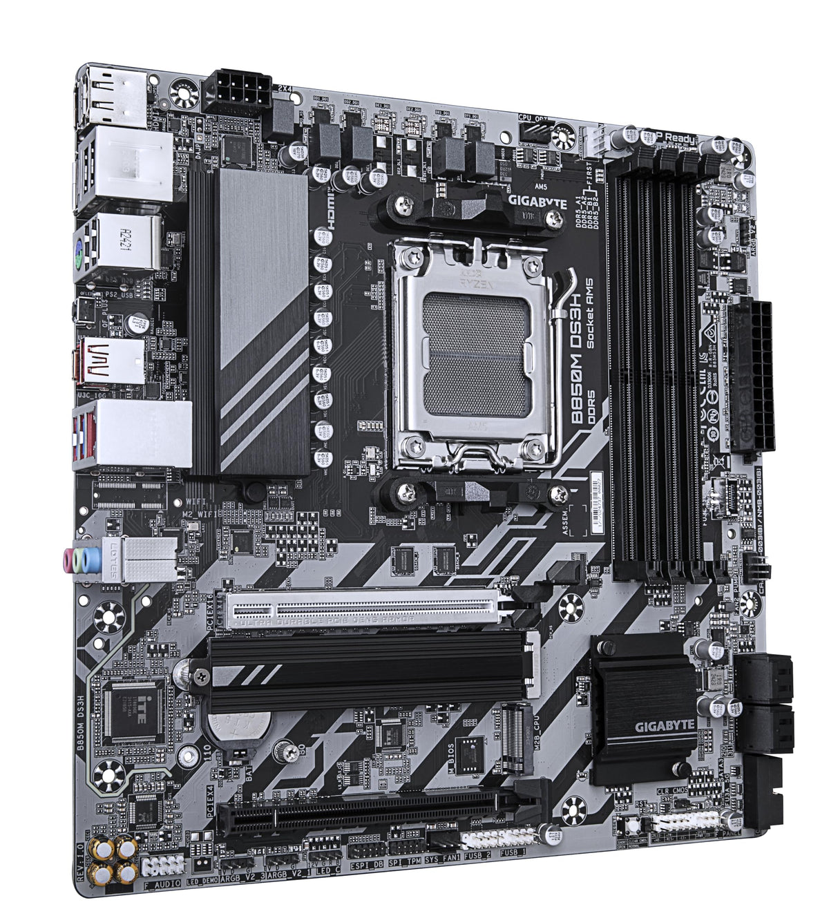 GIGABYTE B850M DS3H Motherboard - Compatible with AMD Ryzen 9000 Series CPUs, featuring a 16+2+2 Phase Digital VRM, supports up to 8200MHz DDR5 (OC), 1x PCIe 5.0 + 1x PCIe 4.0 M.2, 2.5 LAN, and USB 3.2 Gen 2.