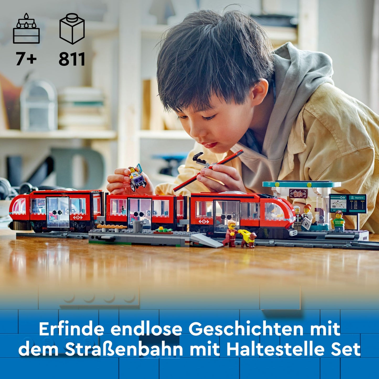 LEGO City tram with stop, gift idea for fans of vehicle toys aged 7 and over, with 6 minifigures and a guide dog for role play, building toy 60423