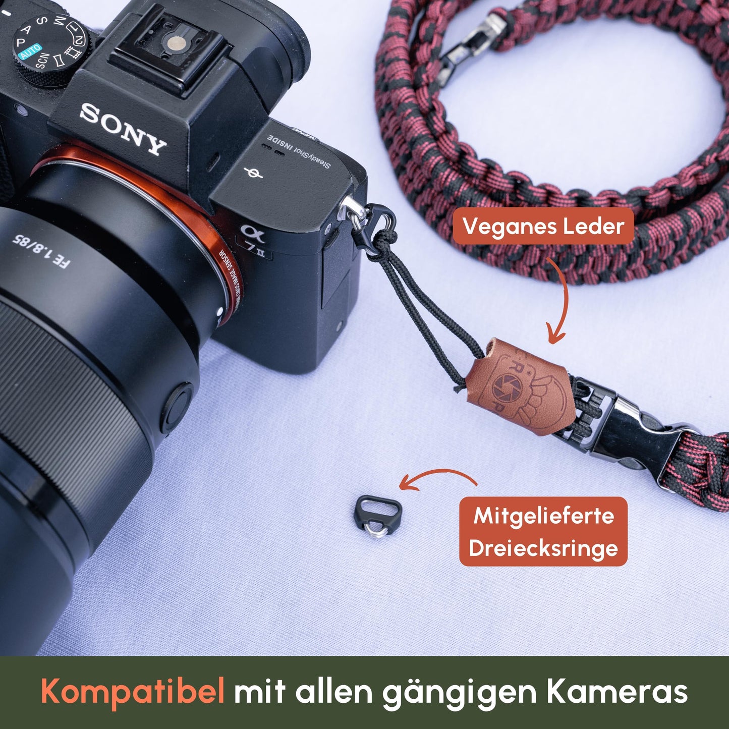 C-Rope camera strap THE TRAVELER hand-braided from paracord, shoulder strap with quick release, 140cm, black-red - CRP-TRL-140-BLR