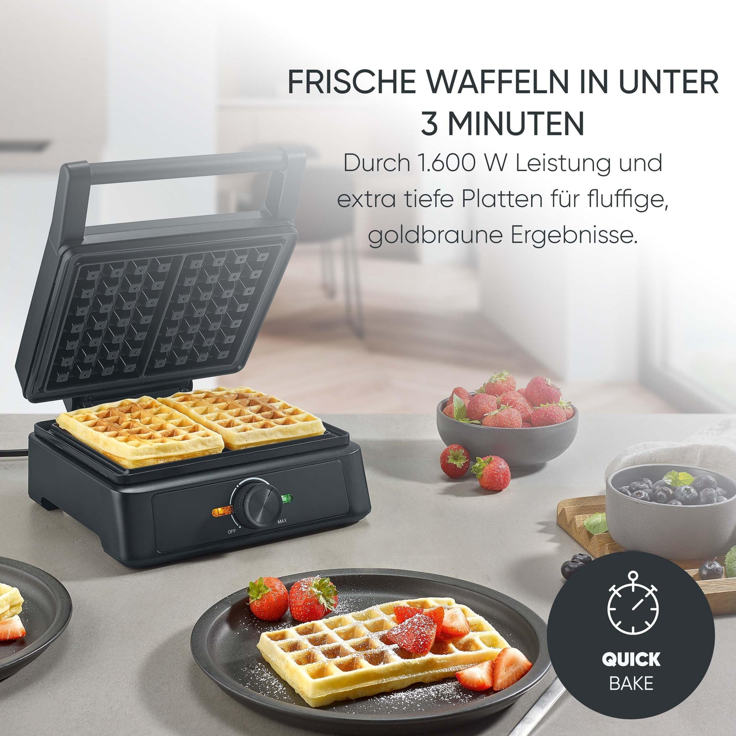 SEVERIN waffle iron Belgian waffle, square waffles, ceramic coating with PFAS-free coating, with indicator light, practical cable winder, 1,600 watts, black stainless steel, WA 2130