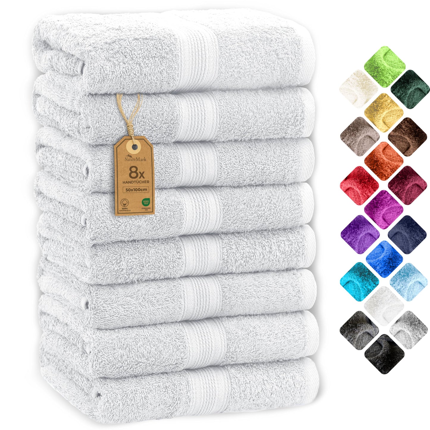 NatureMark 8 towel set - 100% cotton - absorbent and durable towels, size 50×100cm, white - NM-HT0843
