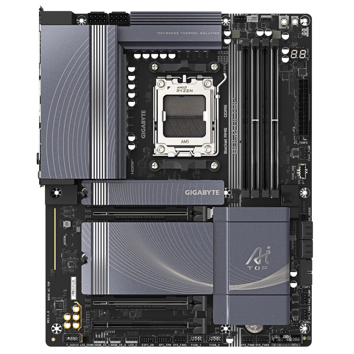 GIGABYTE B850 AI TOP Motherboard - Compatible with AMD Ryzen 9000 Series CPUs, featuring a 16+2+2 Phase Digital VRM, supports up to 8600MHz DDR5 (OC), 2xPCIe 5.0 + 1xPCIe 4.0 M.2, 10 GbE LAN, WiFi 7, USB 3.2 Gen 2x2.