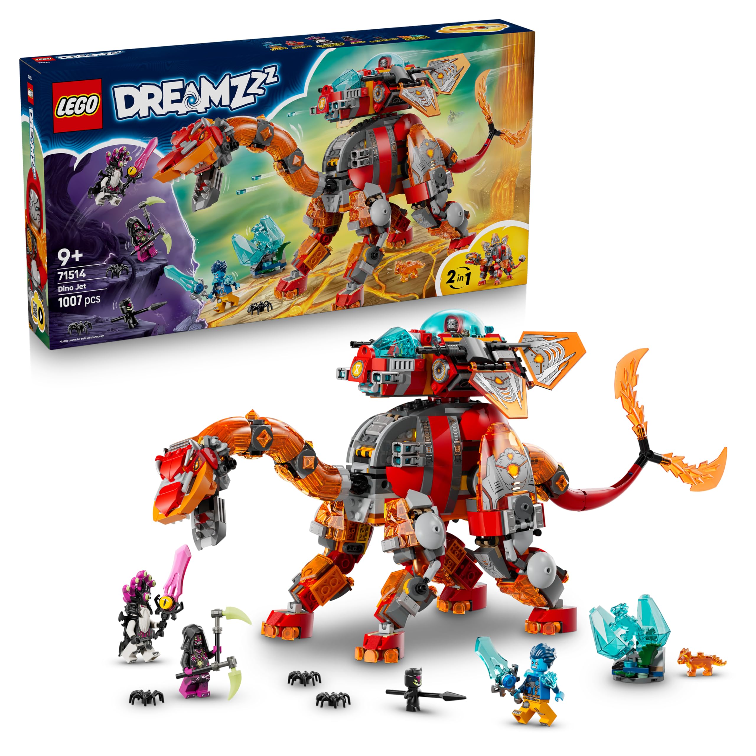 LEGO DREAMZzz 2in1 dino jet plane - dinosaur toy convertible into stegosaurus - including 4 minifigures and 2 collectible treasure creatures - gift for boys aged 9 and up - 71514