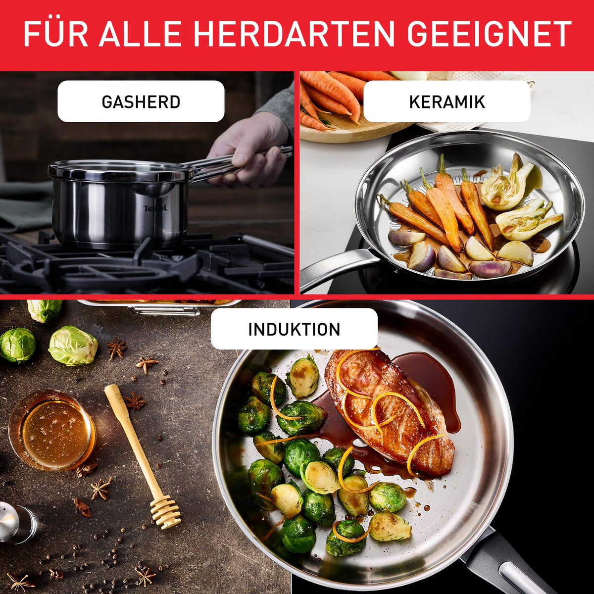 Tefal Duetto On tigaie de 28 cm, cu strat ceramic Go Ceram antiaderent, Thermo-Signal, mâner fixat, potrivită pentru toate tipurile de plite, durabilă, din oțel inoxidabil, G7660634
