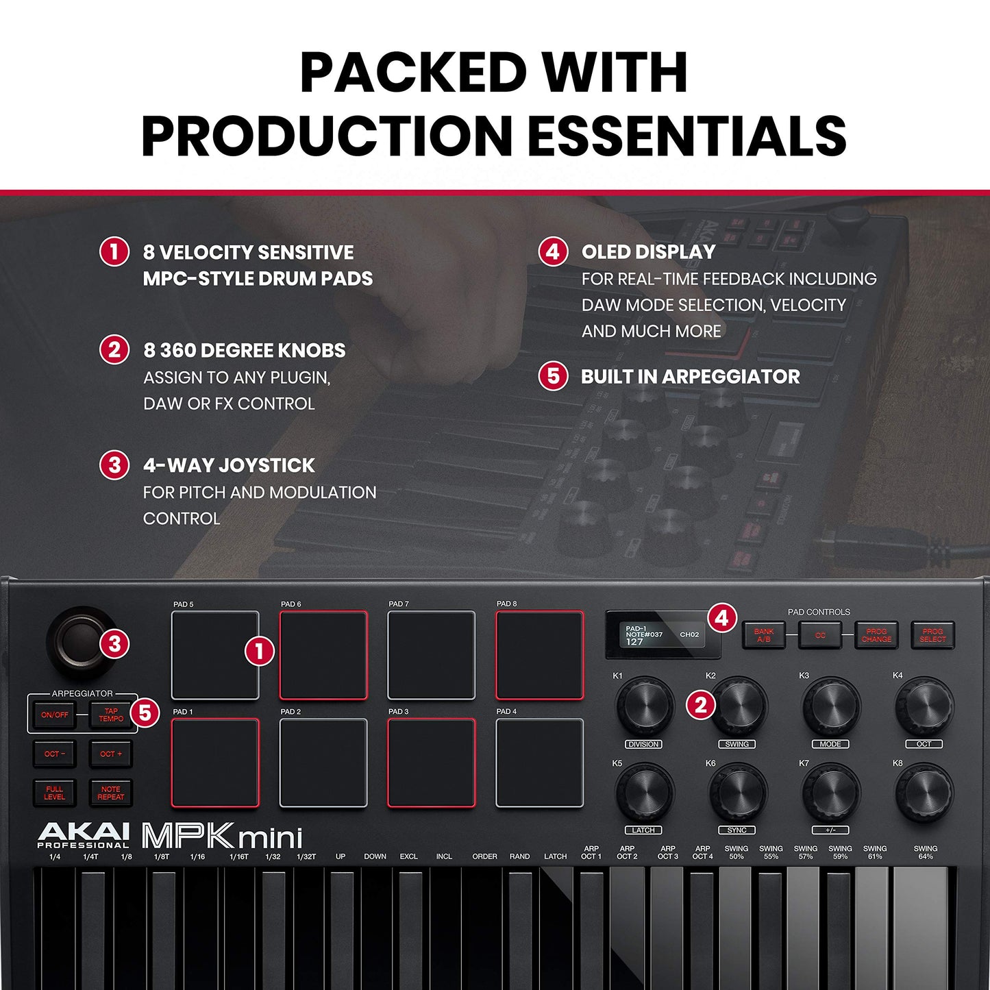 AKAI Professional Midi Controller + Sustain Pedal Bundle - MPKMINI3B