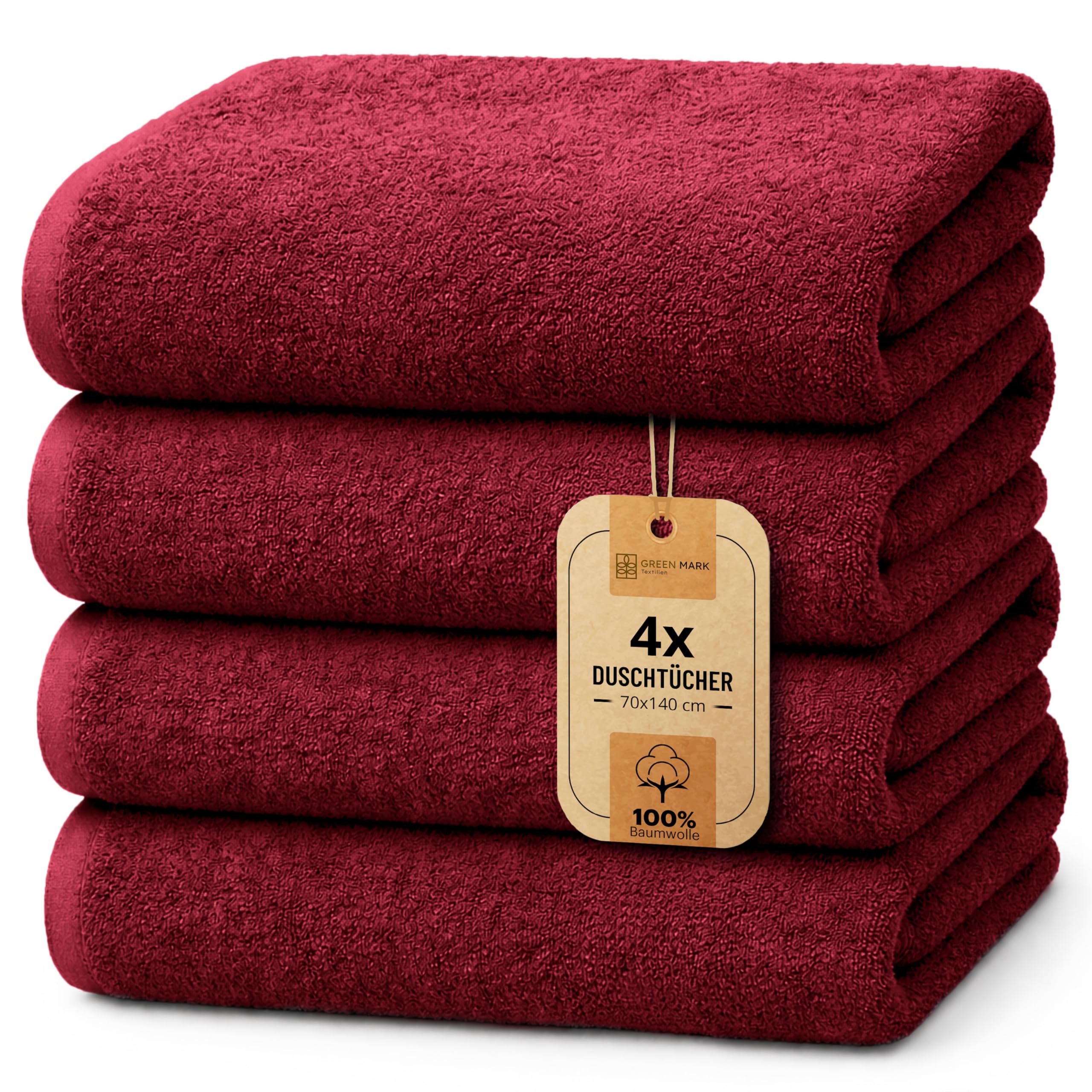 Set de 4 prosoape de duș NatureMark – prosoape de duș moi și absorbante din bumbac 100%, potrivite pentru utilizarea zilnică – roșu burgund, 70x140 cm – GM-TWL-400-B-71