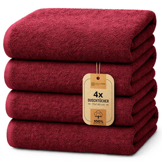 Set de 4 prosoape de duș NatureMark – prosoape de duș moi și absorbante din bumbac 100%, potrivite pentru utilizarea zilnică – roșu burgund, 70x140 cm – GM-TWL-400-B-71