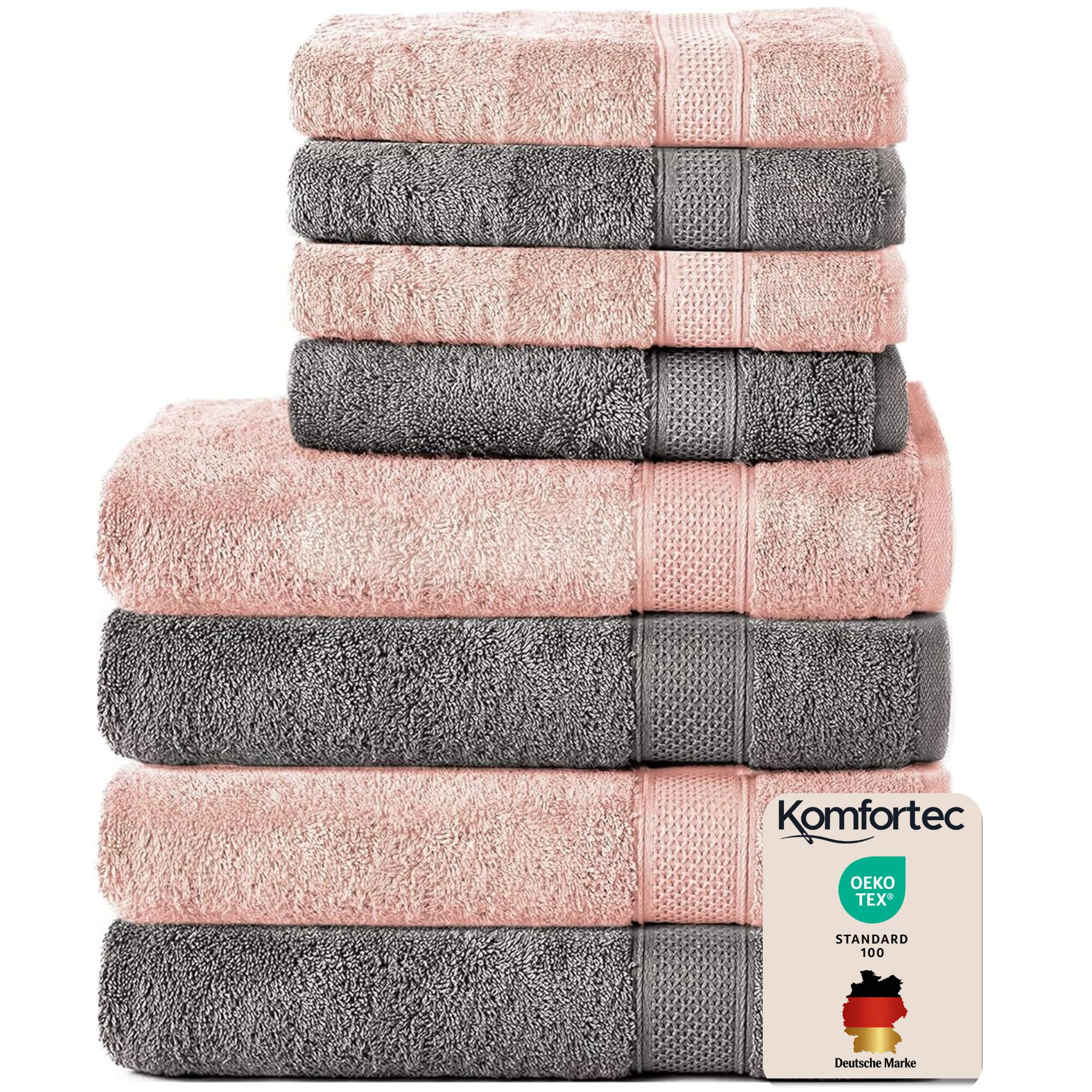 Set de 8 prosoape Komfortec, 4 prosoape de baie 70x140 cm și 4 prosoape de mâini 50x100 cm, frotir 100% bumbac, pufoase și absorbante, gri antracit/roz petală - 4x-50x100-și-4x-70x140-antracit-roz