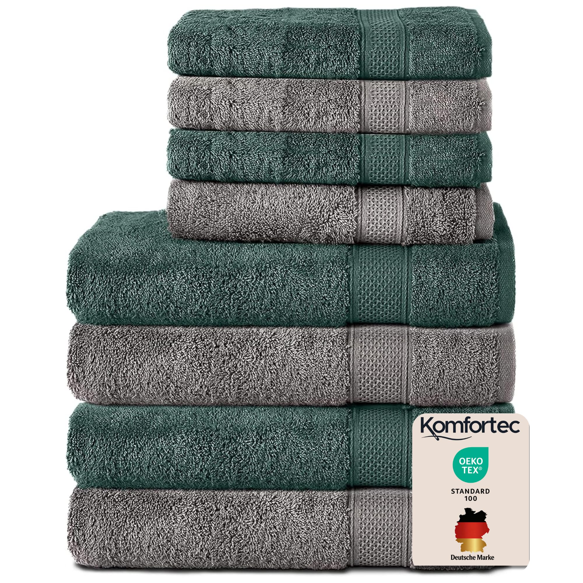 Set 8 prosoape Komfortec, 4 prosoape de baie 70x140 cm și 4 prosoape de mâini 50x100 cm, frotir 100% bumbac, pufos și absorbant, gri antracit/verde închis - 4er-50x100-und-4er-70x140-anth-dgrün