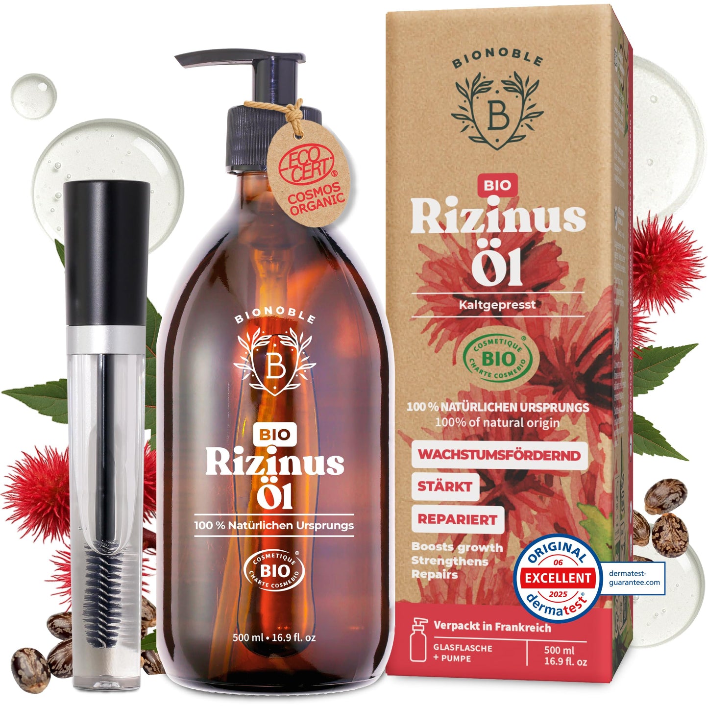 BIONOBLE Castor Oil Cold Pressed Organic + Mascara Kit - Eyelashes, Hair - 500ml - France