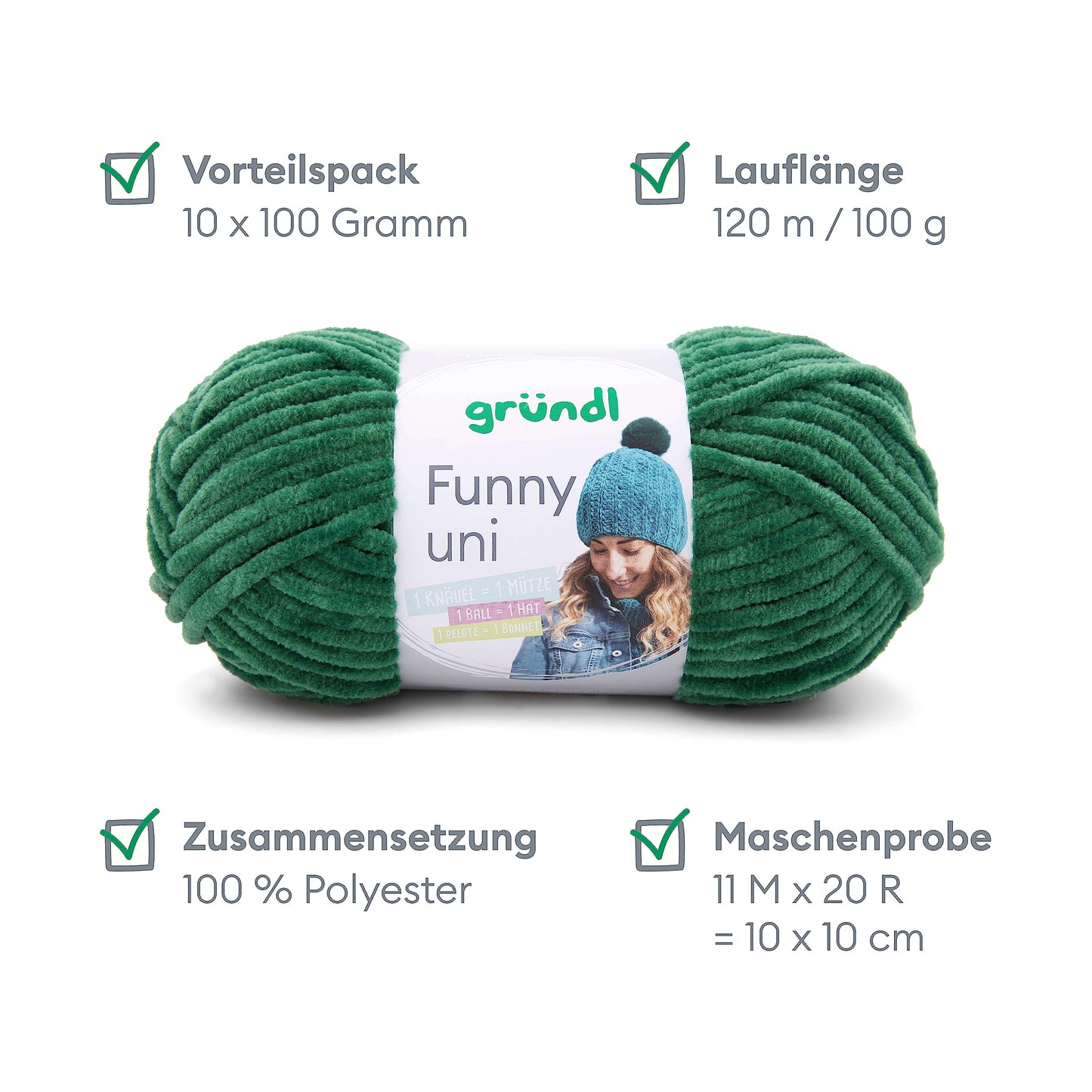 Gründl Wolle Funny uni - soft chenille wool for crocheting - cuddly and skin-friendly - 100% polyester - 10 balls 100 g / 120 m - needle size 5-6, dark green - 3442-27