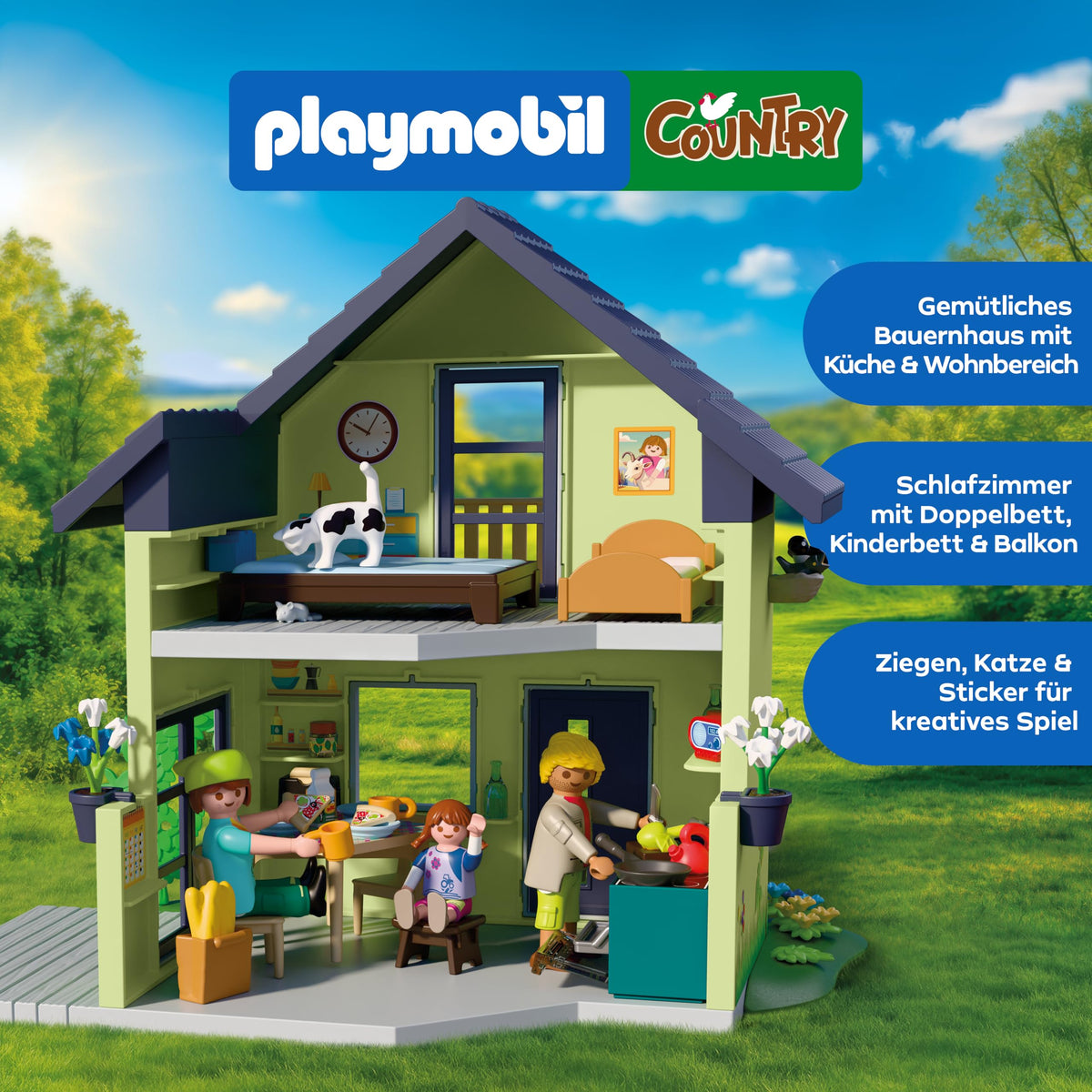 PLAYMOBIL | Țară | Casă de fermă | Casă cu balcon, bucătărie, paturi, animale și accesorii variate | Pentru copii de la 4 ani | 72162