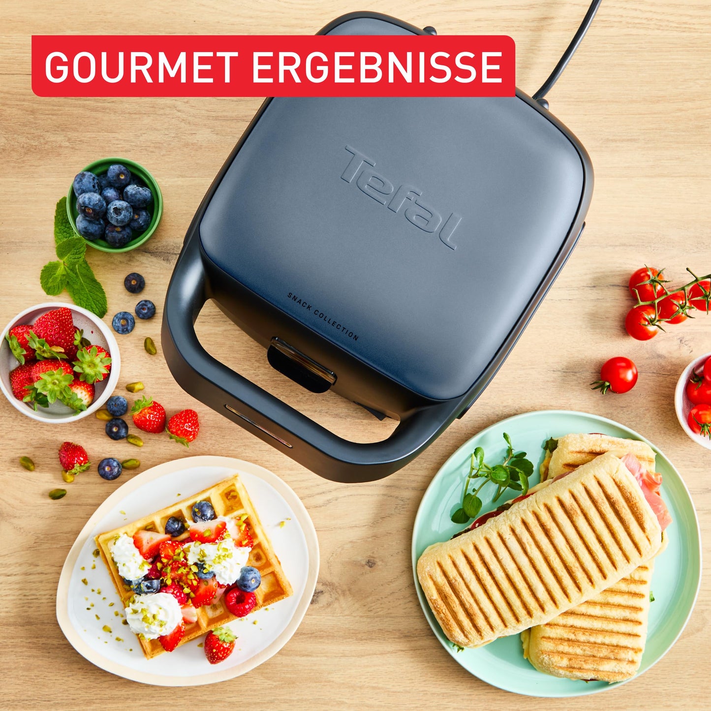 Tefal Snack Collection Sandwich and Waffle Maker, 700W, 2 Removable Plate Sets Included, Non-Stick Coating, Space Saving, Includes Recipe Books, Black/Blue, SW8674F0
