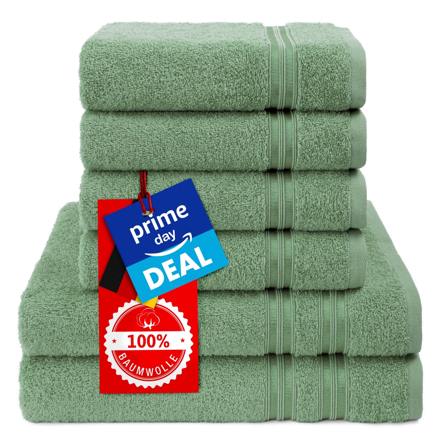 Hammetex set of 6 towels - 2 bath towels 70x140 cm & 4 hand towels 50x100 cm - 100% cotton terry - Oeko-TEX certified - soft, absorbent - with hangers, sage green - RN71
