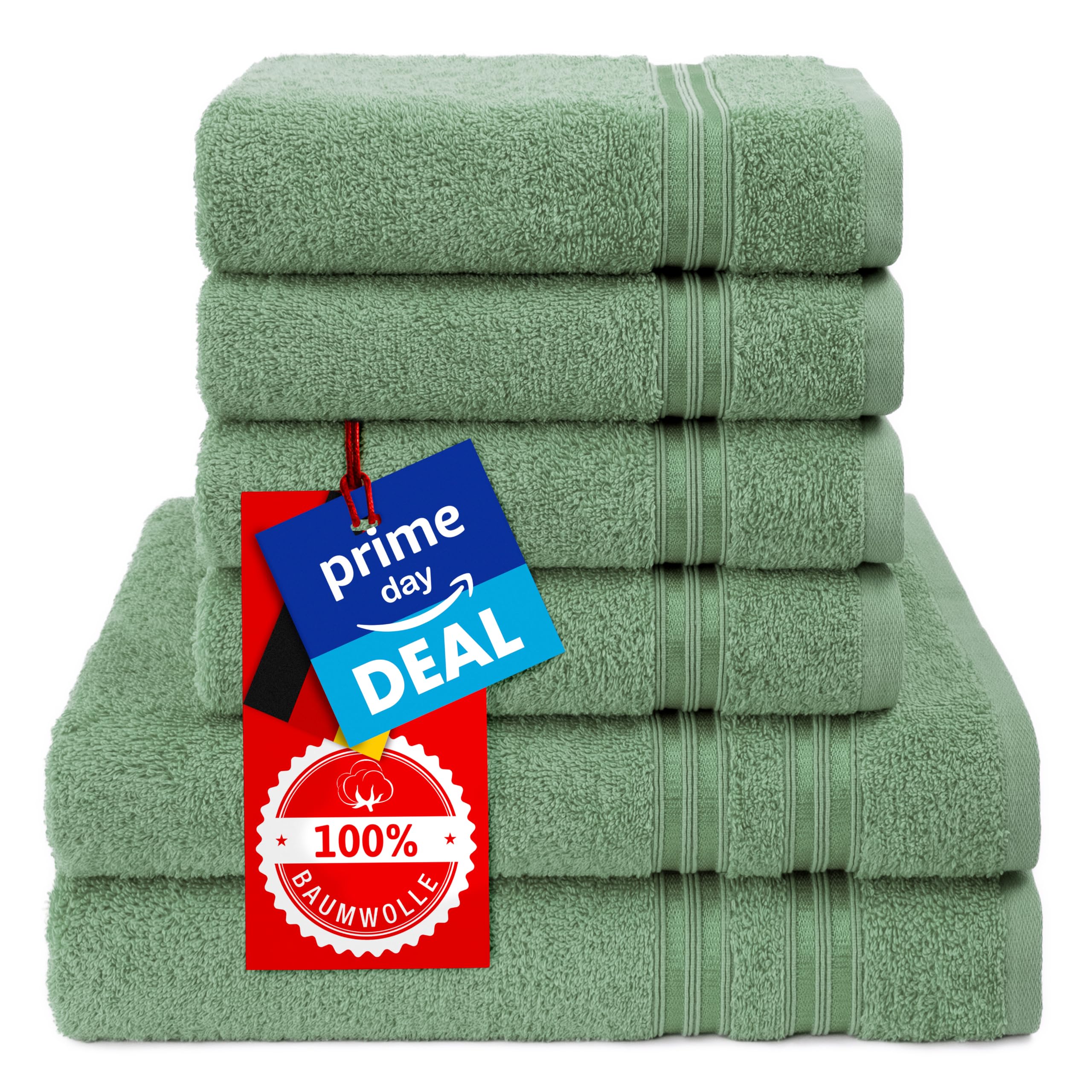 Hammetex set of 6 towels - 2 bath towels 70x140 cm & 4 hand towels 50x100 cm - 100% cotton terry - Oeko-TEX certified - soft, absorbent - with hangers, sage green - RN71