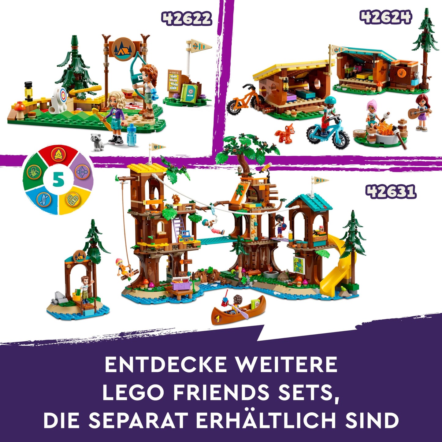 LEGO Friends adventure camp with kayak, building toy for role play, gift idea for girls and boys aged 7 and up, set with 3 toy figures and a bear, camping toy 42626