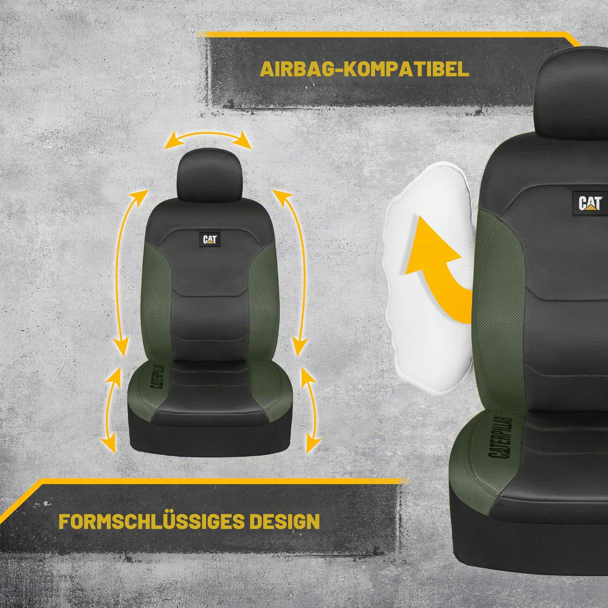 CAT Flexfit seat covers for cars, trucks, and SUVs, front seat covers, airbag-compatible, interior covers, car accessories, 2 pieces, black/green - CASC2274