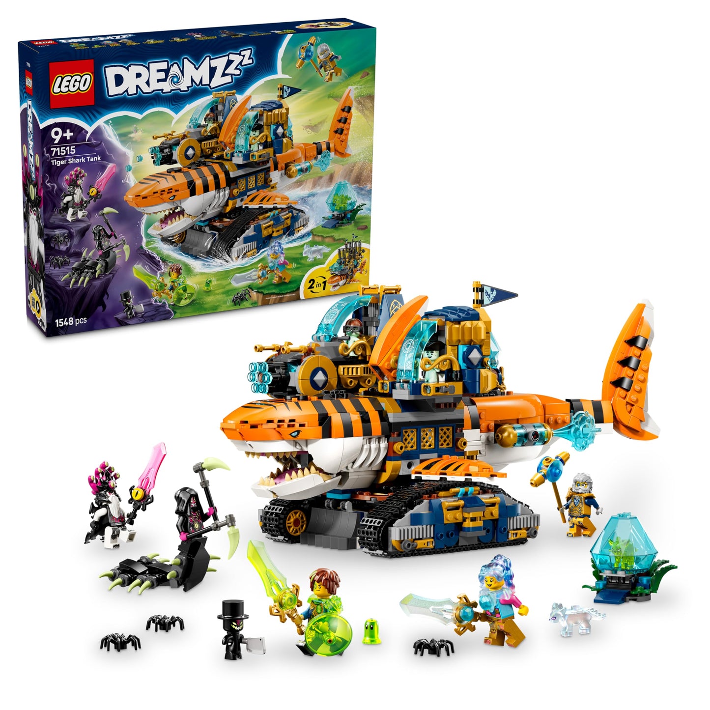 LEGO DREAMZzz 2in1 tiger shark vehicle - toy convertible into pirate ship with cannon - including 5 minifigures and 2 collectible treasure creatures - gift for boys aged 9 and up - 71515