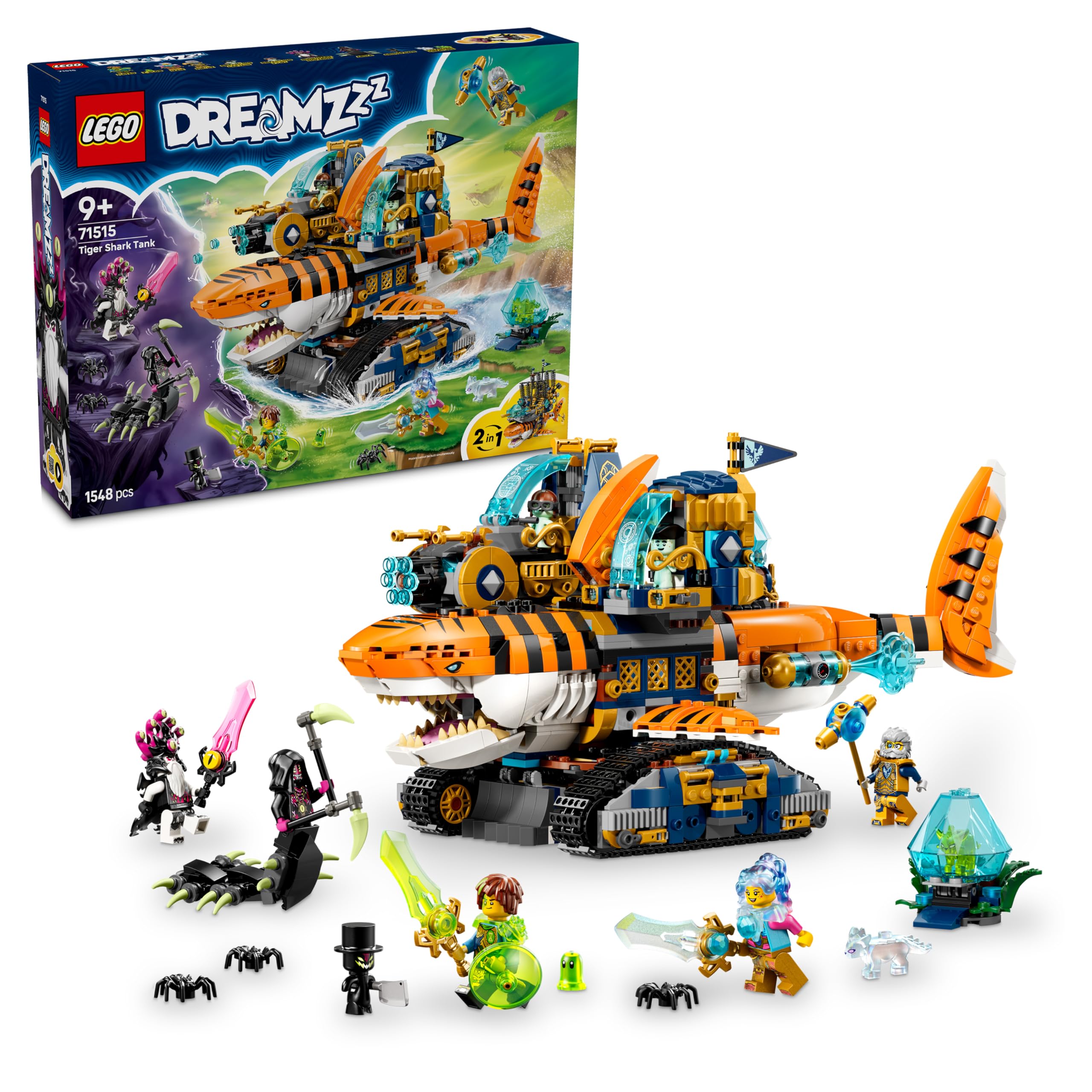 LEGO DREAMZzz 2in1 tiger shark vehicle - toy convertible into pirate ship with cannon - including 5 minifigures and 2 collectible treasure creatures - gift for boys aged 9 and up - 71515
