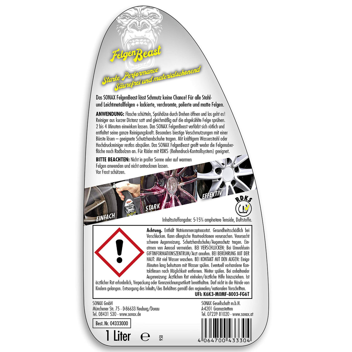 SONAX FelgenBeast (1 litru) de curățat jante pentru toate jantele lustruite, cromate și mate din oțel și aliaj ușor | Art nr. 04333000 (pachet de 2)