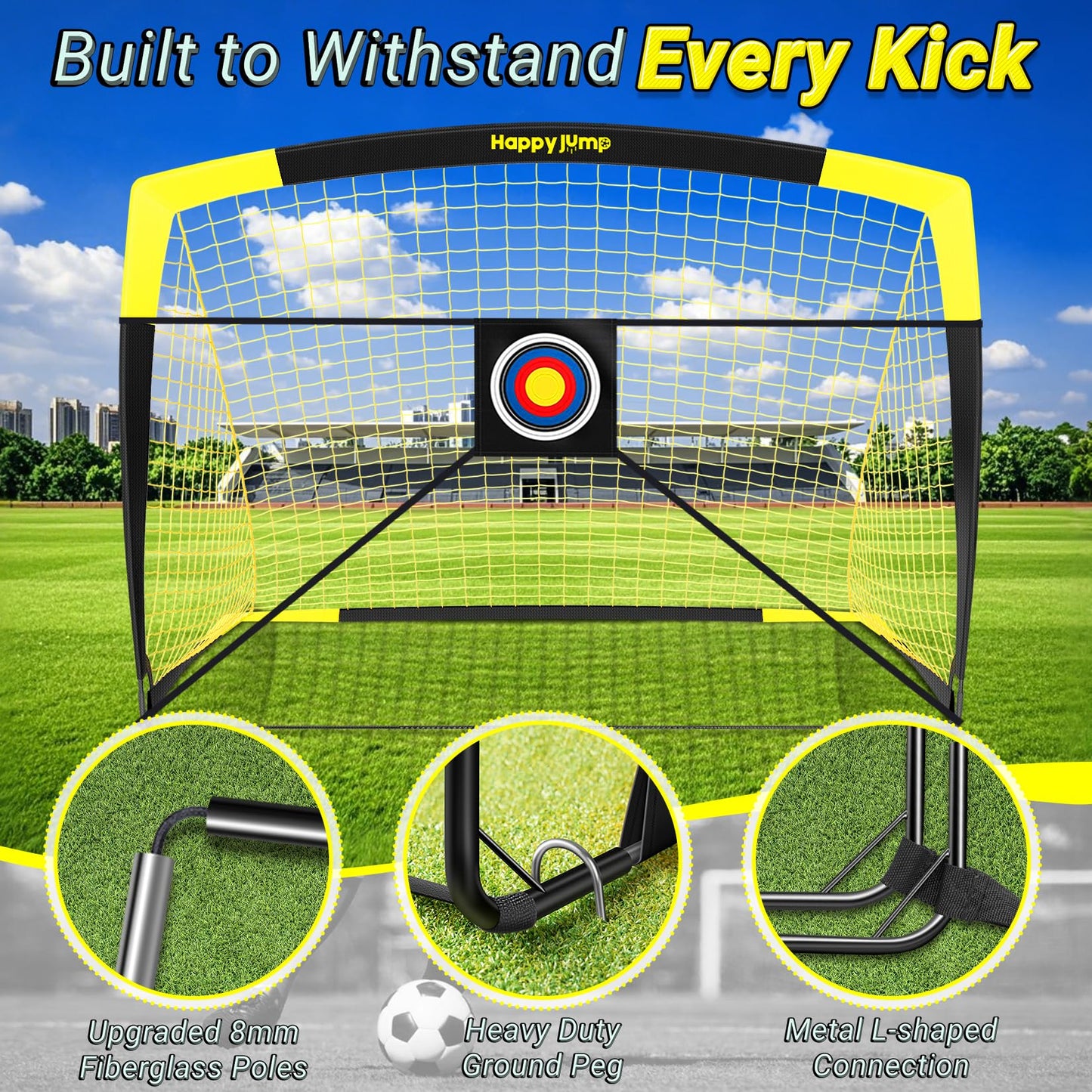 Happy Jump Pop-Up Football Goals - 152x110 cm, 2 goals, black yellow with ball, pump, cone & target | Complete training set for garden & family - Z2500800BQ1