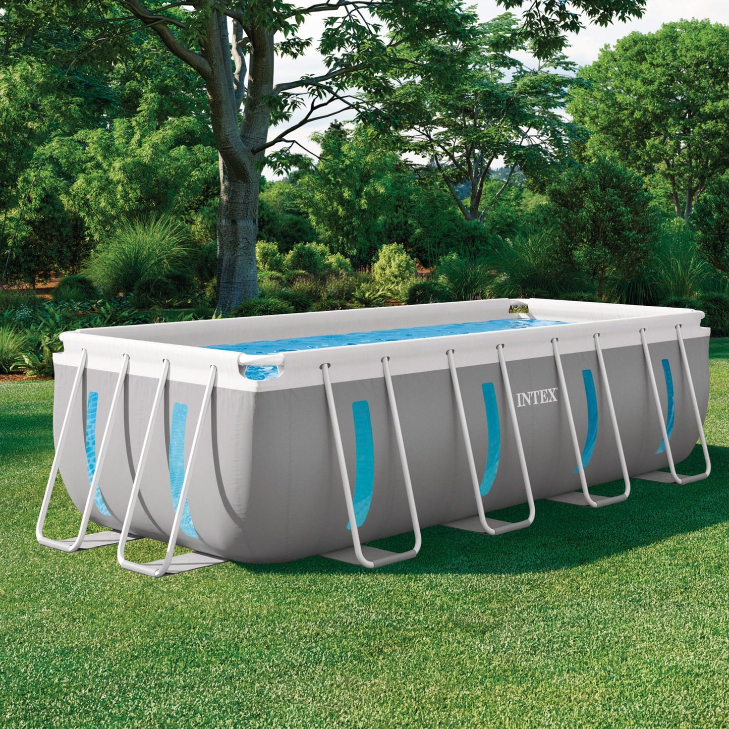 Intex 26770NP – Piscina Fuori Terra Prisma Frame Clearview Rettangolare, Pompa Filtro 2006 L/h, Scaletta, Telo Base e Copertura, 8418 L, Acciaio e PVC, Grigio, 400x200x122 cm