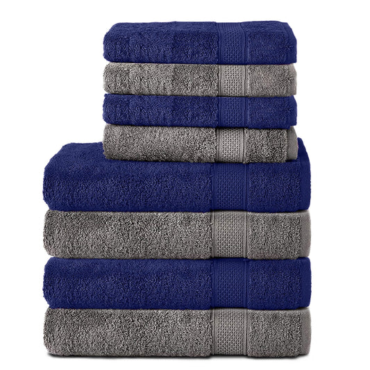 Set Komfortec de 8 prosoape, 4 prosoape de baie 70x140 cm și 4 prosoape de mâini 50x100 cm, frotir 100% bumbac, pufos și absorbant, gri antracit/bleumarin - 4buc-50x100-și-4buc-70x140-antracit-bleumarin