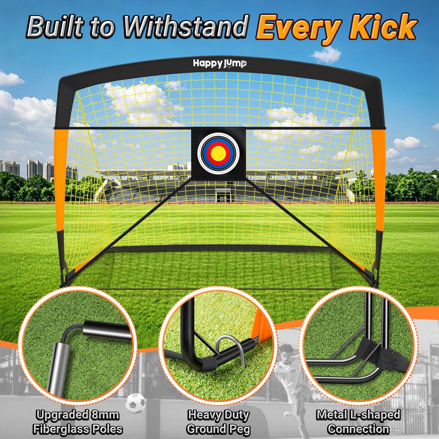 Happy Jump Pop-Up Football Goals - 152x110 cm, 2 goals, black orange with ball, pump, cone & target | Complete training set for garden & family - Z2500700BQ1