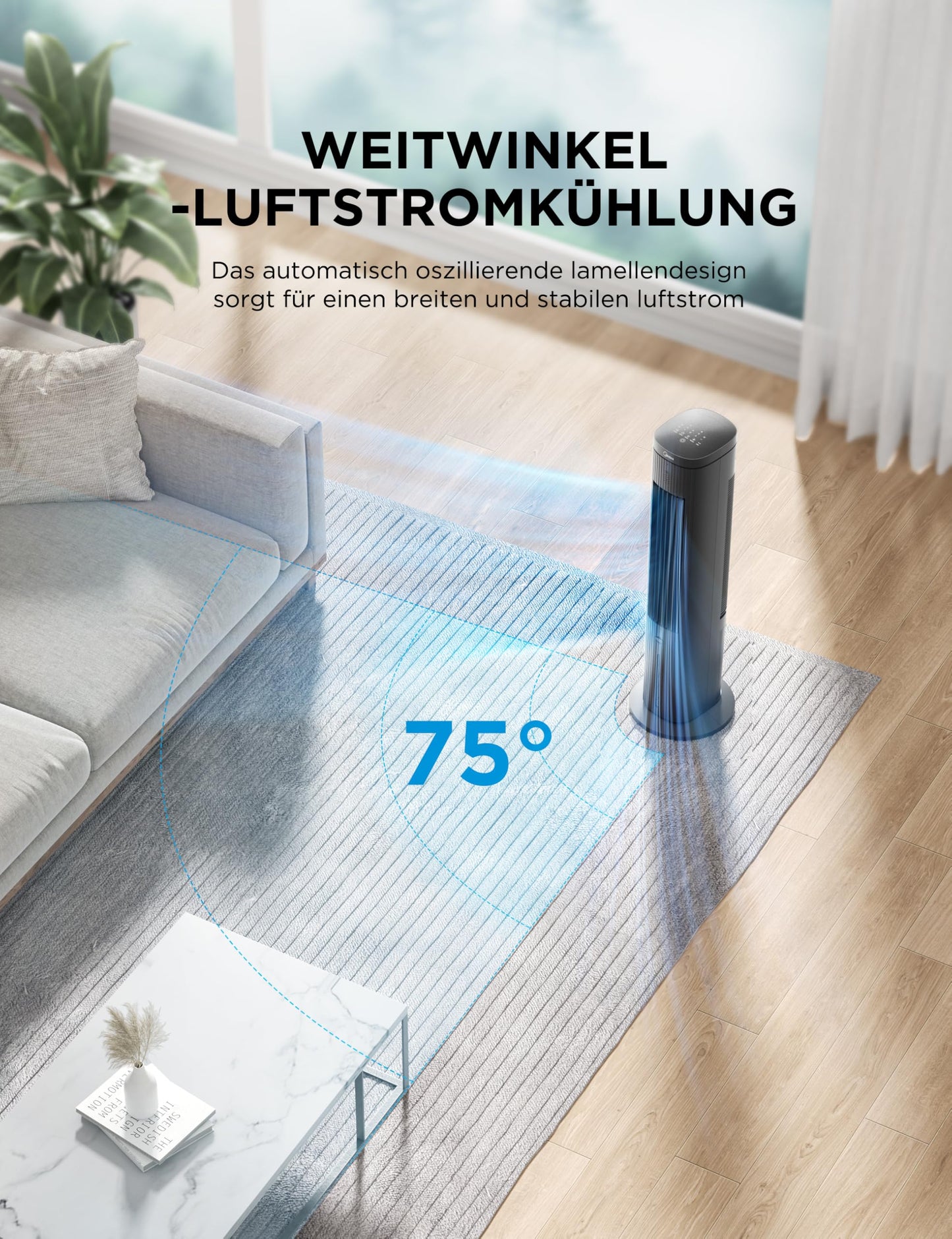 Midea tower fan with 5L water cooling | Air cooler mobile | Mobile air conditioning without exhaust hose | Evaporative cooler, 3 speed levels, 75° swivel function, 7h timer, quieter - MAC25JRB_1