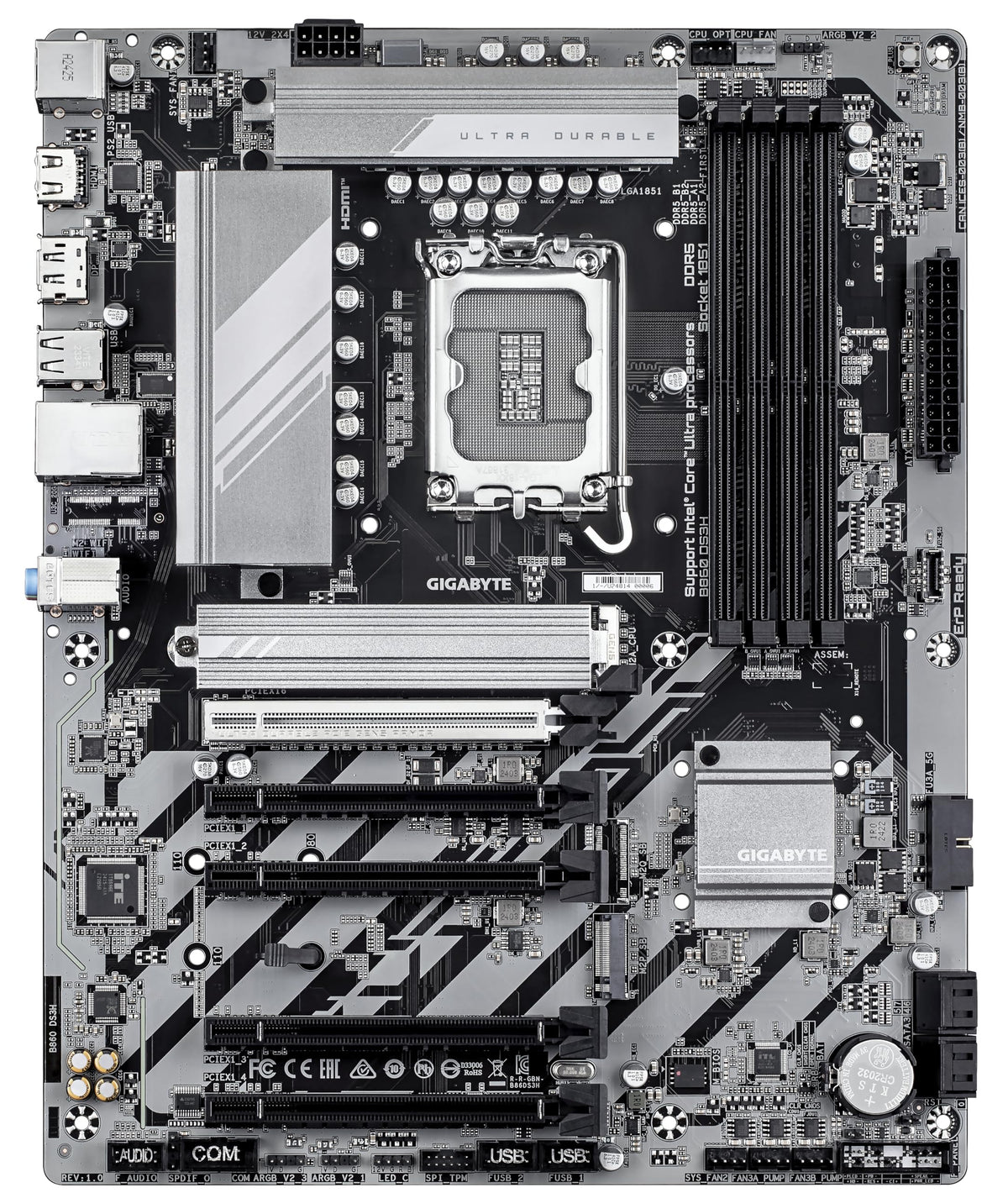 Placa de bază GIGABYTE B860 DS3H - procesoare Intel Core Ultra, VRM cu 8+1+2+2 faze, suport pentru DDR5 de până la 9066MHz, 1xPCIe 5.0 + 1xPCIe 4.0 M.2, LAN 2,5 GbE, USB 3.2 Gen 2x2