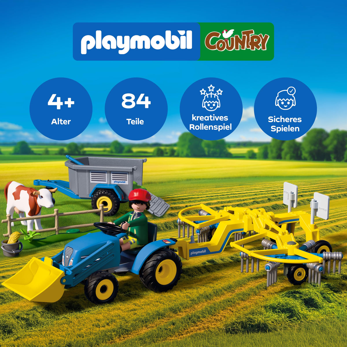 PLAYMOBIL | Țară | Tractor mic cu cositoare | Set de tractor cu cositoare, vacă, remorcă și accesorii | Pentru copii de la 4 ani | 72163