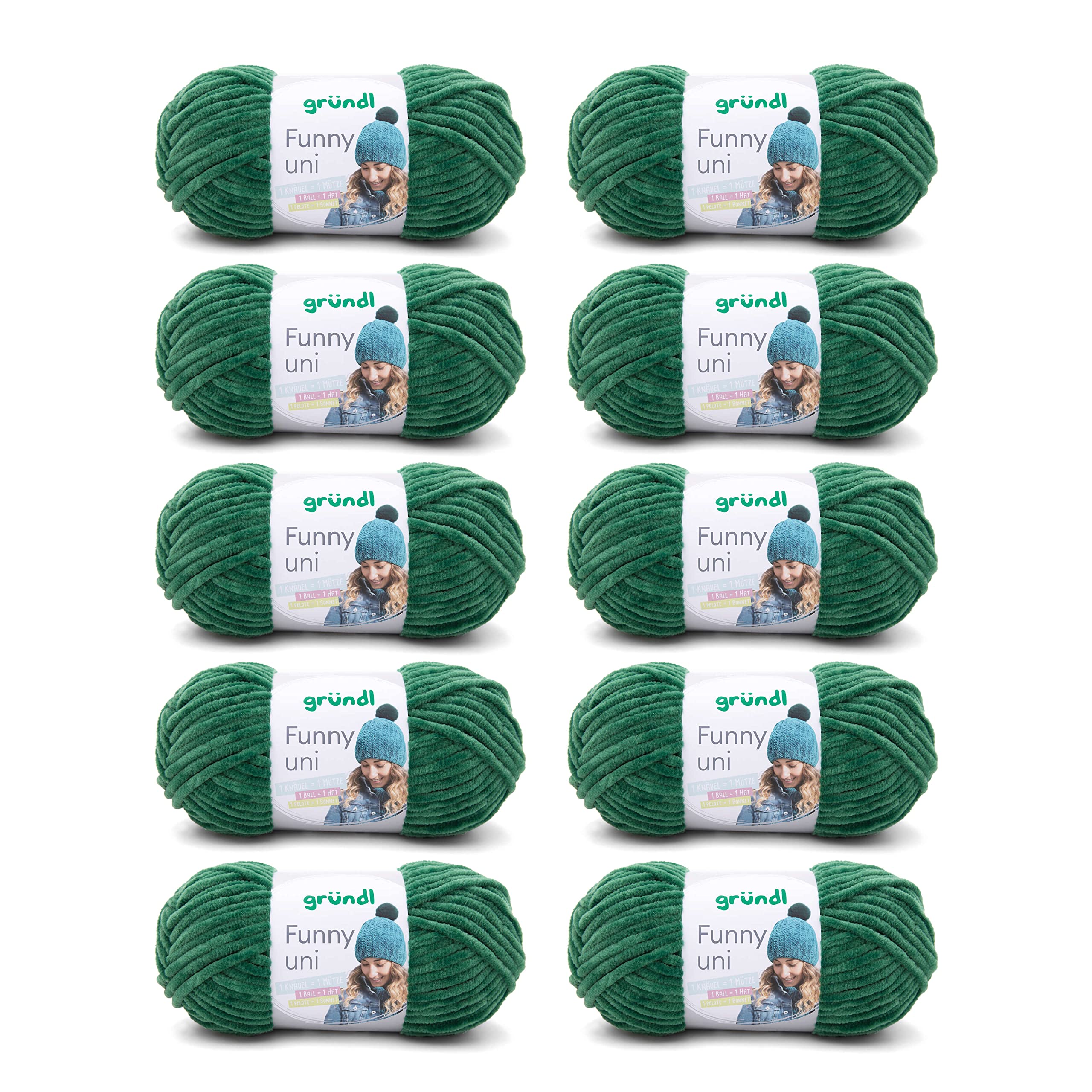 Gründl Wolle Funny uni - lână moale tip chenille pentru croșetat - pufoasă și delicată cu pielea - 100% poliester - 10 sculuri de 100 g / 120 m - dimensiune croșetă 5-6, verde închis - 3442-27
