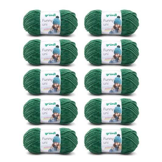 Gründl Wolle Funny uni - lână moale tip chenille pentru croșetat - pufoasă și delicată cu pielea - 100% poliester - 10 sculuri de 100 g / 120 m - dimensiune croșetă 5-6, verde închis - 3442-27