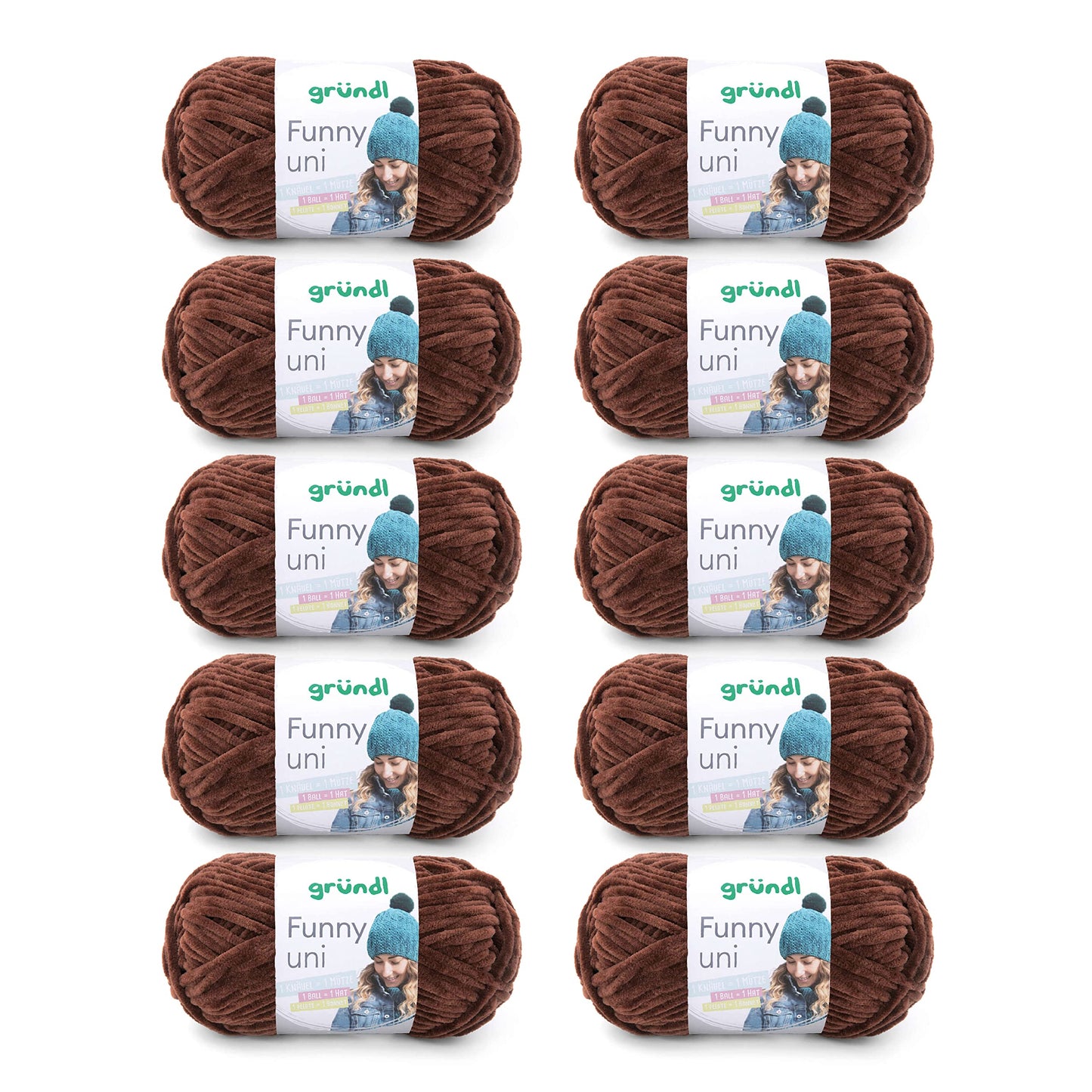 Gründl Wolle Funny uni - soft chenille wool for crocheting - cuddly and skin-friendly - 100% polyester - 10 balls 100 g / 120 m - needle size 5-6, brown - 3442-20