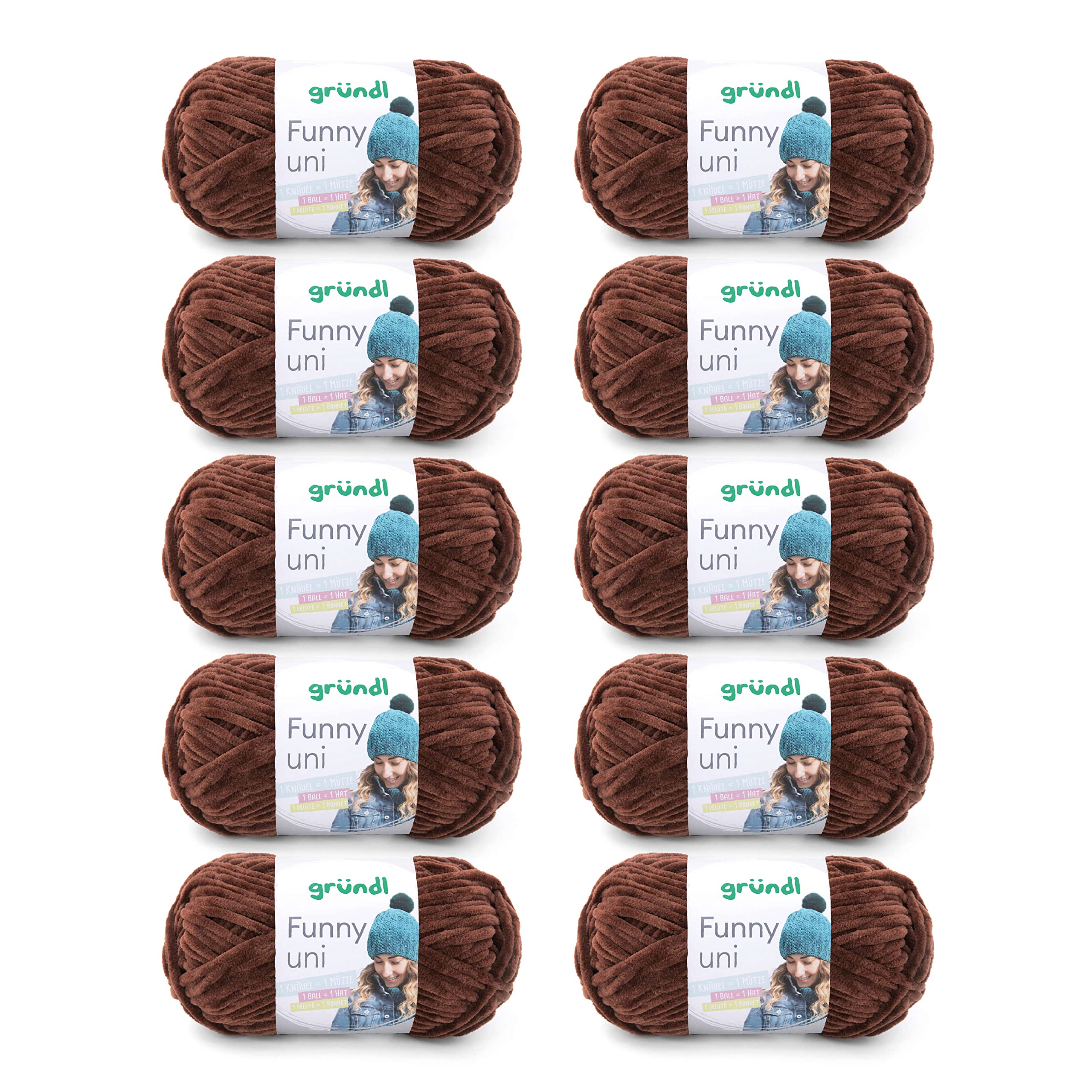 Gründl Wolle Funny uni - lână moale de chenille pentru croșetat - pufoasă și prietenoasă cu pielea - 100% poliester - 10 sculuri 100 g / 120 m - dimensiune croșetă 5-6, maro - 3442-20