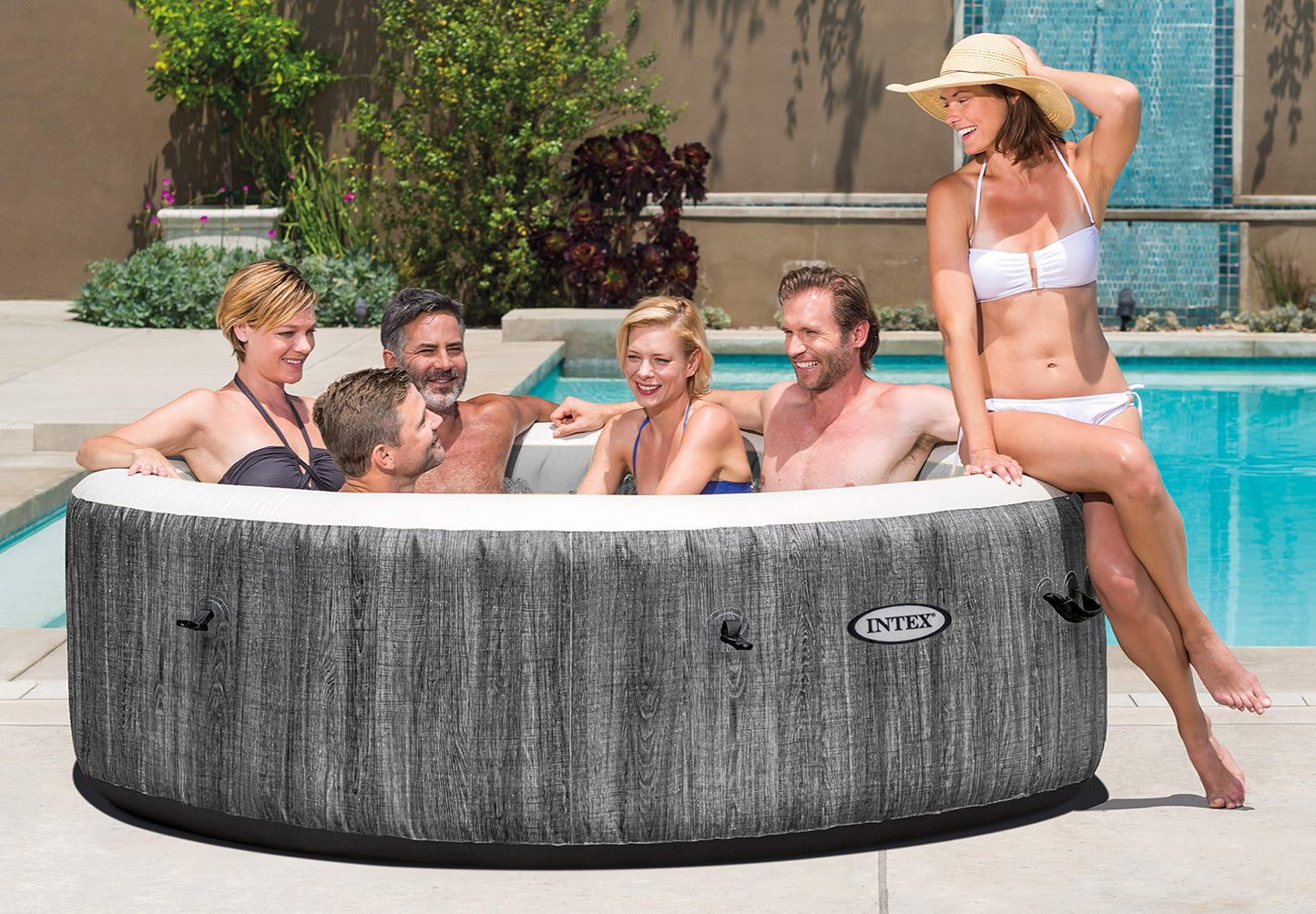 Intex Purespa Greywood Deluxe Ø 216 X 71 Cm Whirlpool Pure Spa - Bubble Massage, Dark Gray Wood Look - 28442